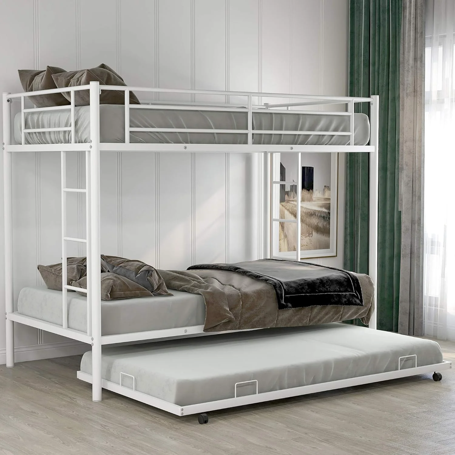 Over Bunk Bed With Roll Out Trundle, Industrial Metal Bunk Bed Frame With Safety Guard Rails For Kids Teens, No Box Spring Needed