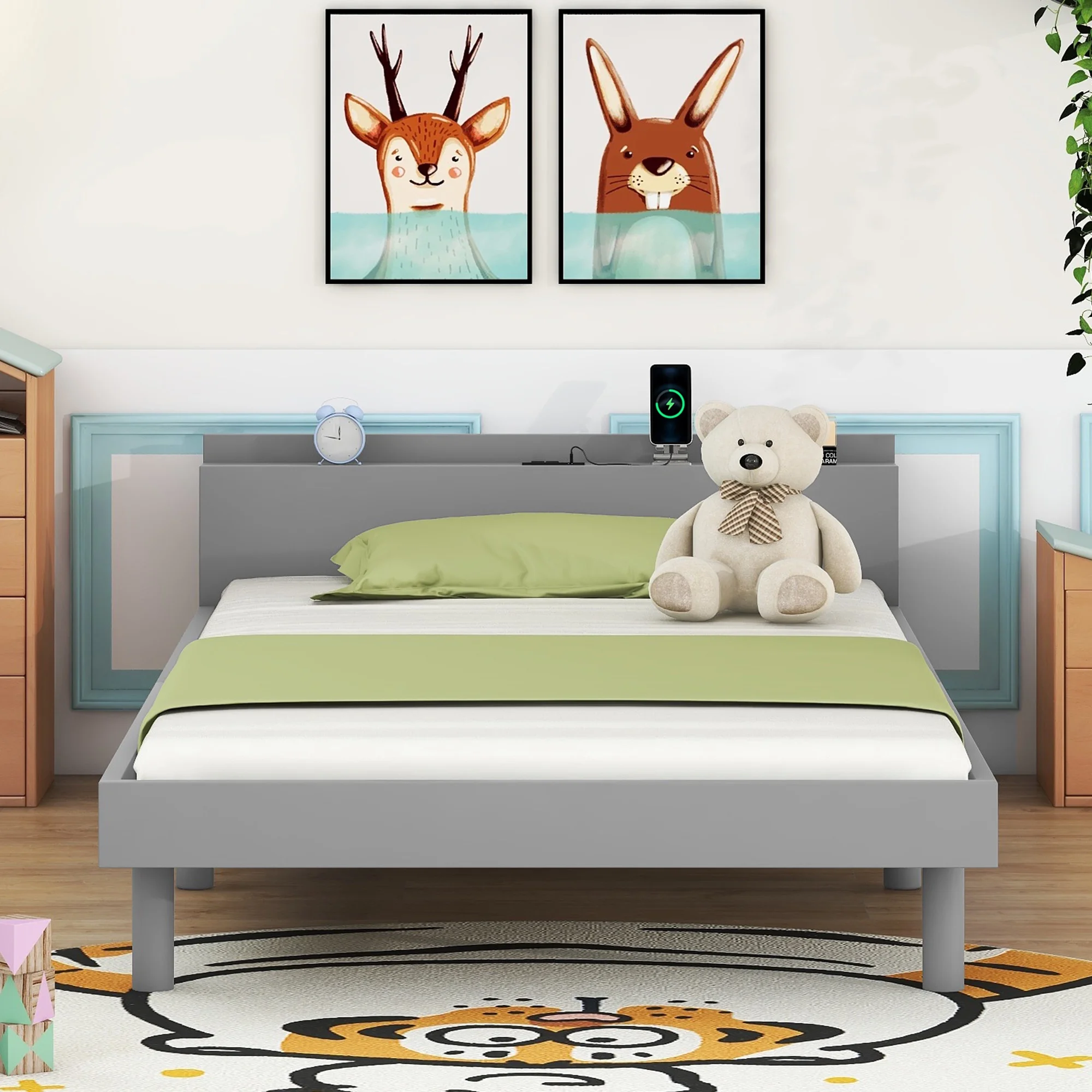 Modern Twin Platform Bed Frame with Headboard - Grey Color