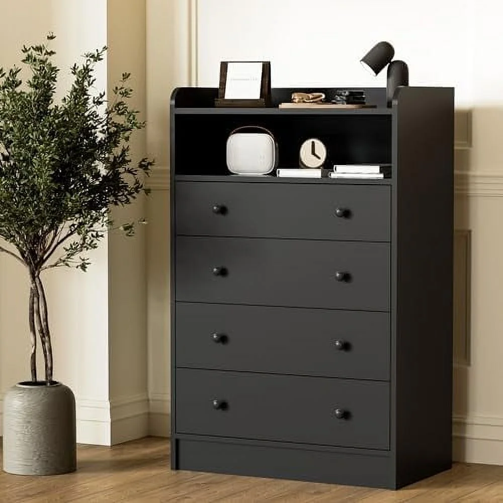 xrboomlife Black 4 Drawers with 1 Dresser Modern Wooden Dressers & Chests of Drawers for Bedroom Living Room