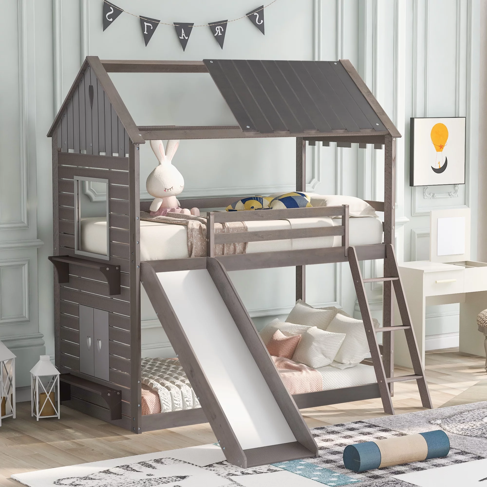 Twin Over Twin Size Bed, House Bed Low Loft Wood Bed with Window, Slide and Safety Ladder, Wooden House Bed Frame with Rustic Fence-Shaped Guardrail for Kids, Teens, Girls, Boys
