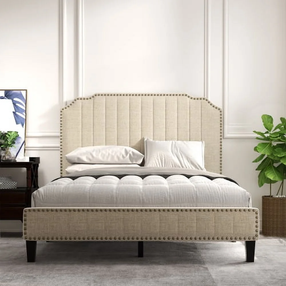 Upholstered Full Bed Frame with Headboard, Full Upholstered Platform Bed with Wood Slat Support, Solid Wood Frame Mattress Foundation, No Box Spring Needed,Easy Assembly, Full(Cream)