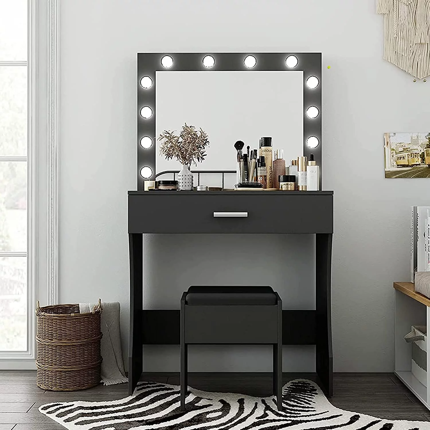 Modern Vanity Table with Lighted Mirror and Stool, Black Finish, for Bedroom