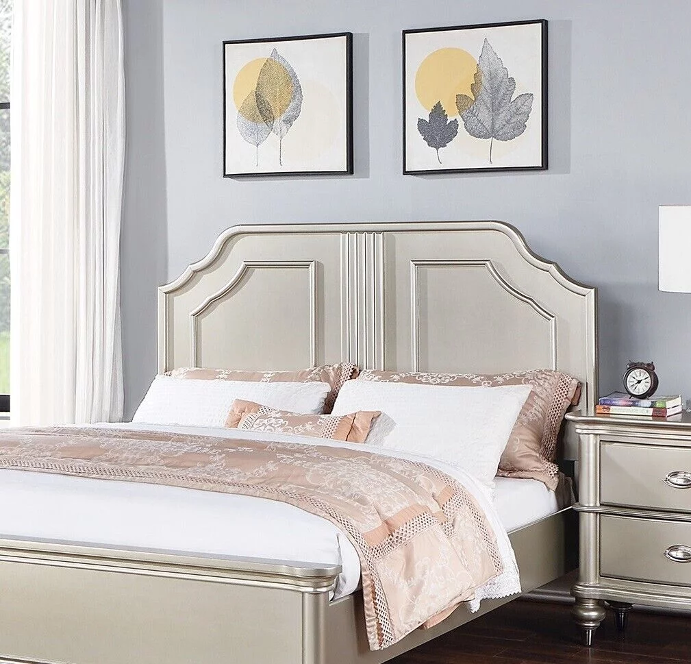 Classic Silver Finish Eastern king Size Bed 1pc Bedframe Bedroom Furniture 2-Panel Design Elegant Carved Accents