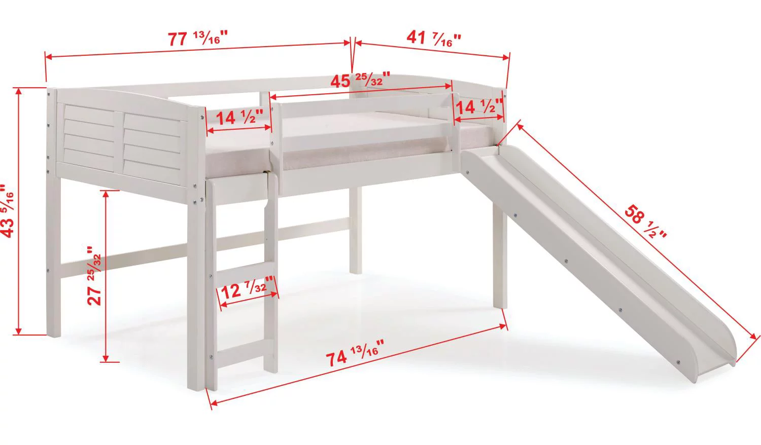 Donco PD-790ATW-Z-785W Twin Size Louver Low Loft with Slide & Zebra Tent in White