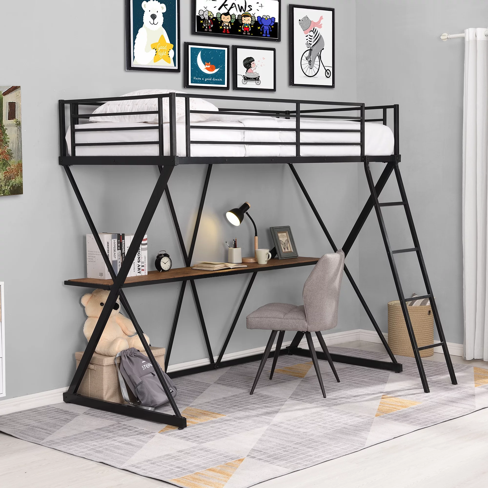TOPCHANCES Twin Loft Bed with Desk Loft Bed with Ladder and Full-Length Guardrails X-Shaped Frame Bed - Black & Brown