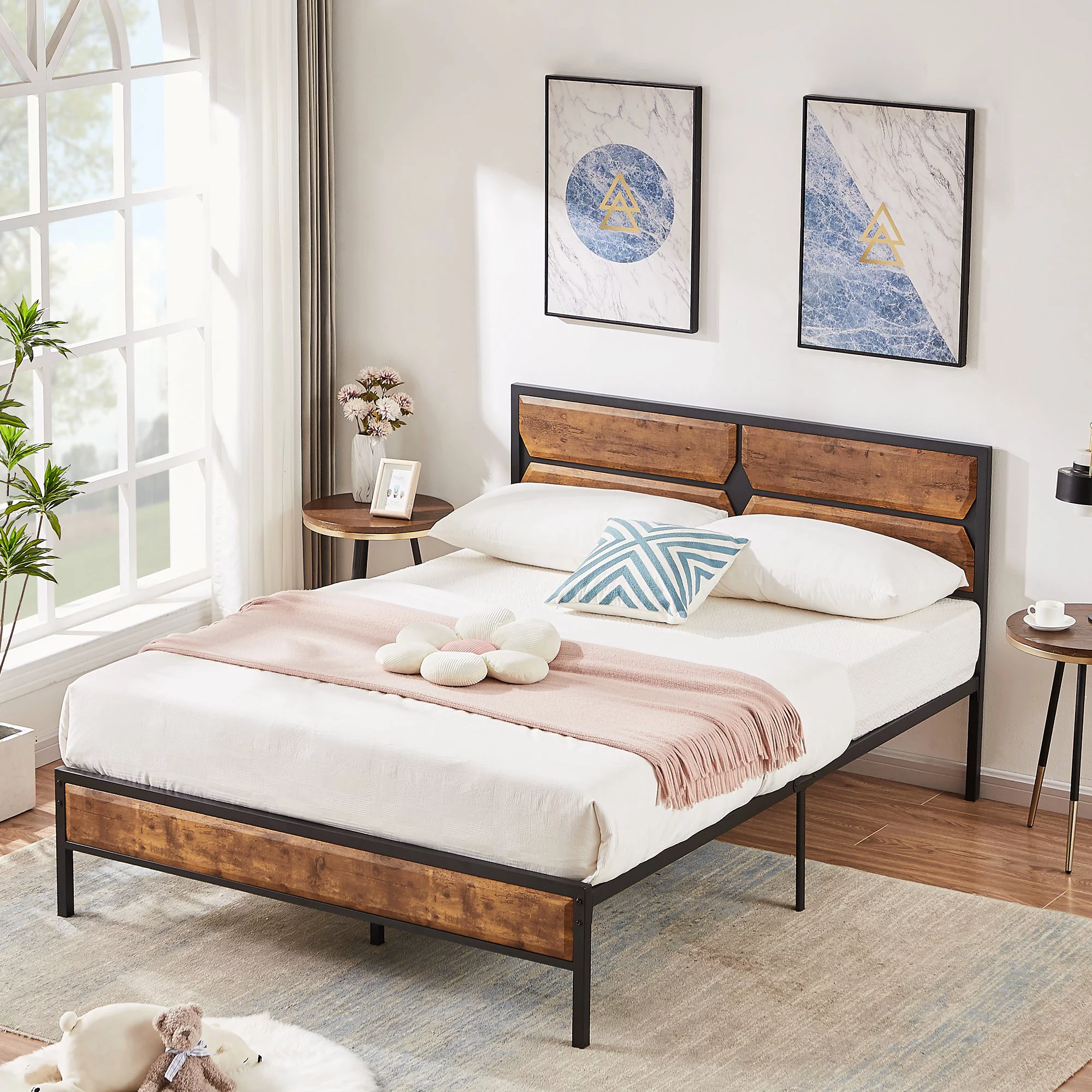 VECELO Queen Size Bed Frame with Wooden Headboard & Footboard, Strong Slats Support/No Box Spring Needed, Brown