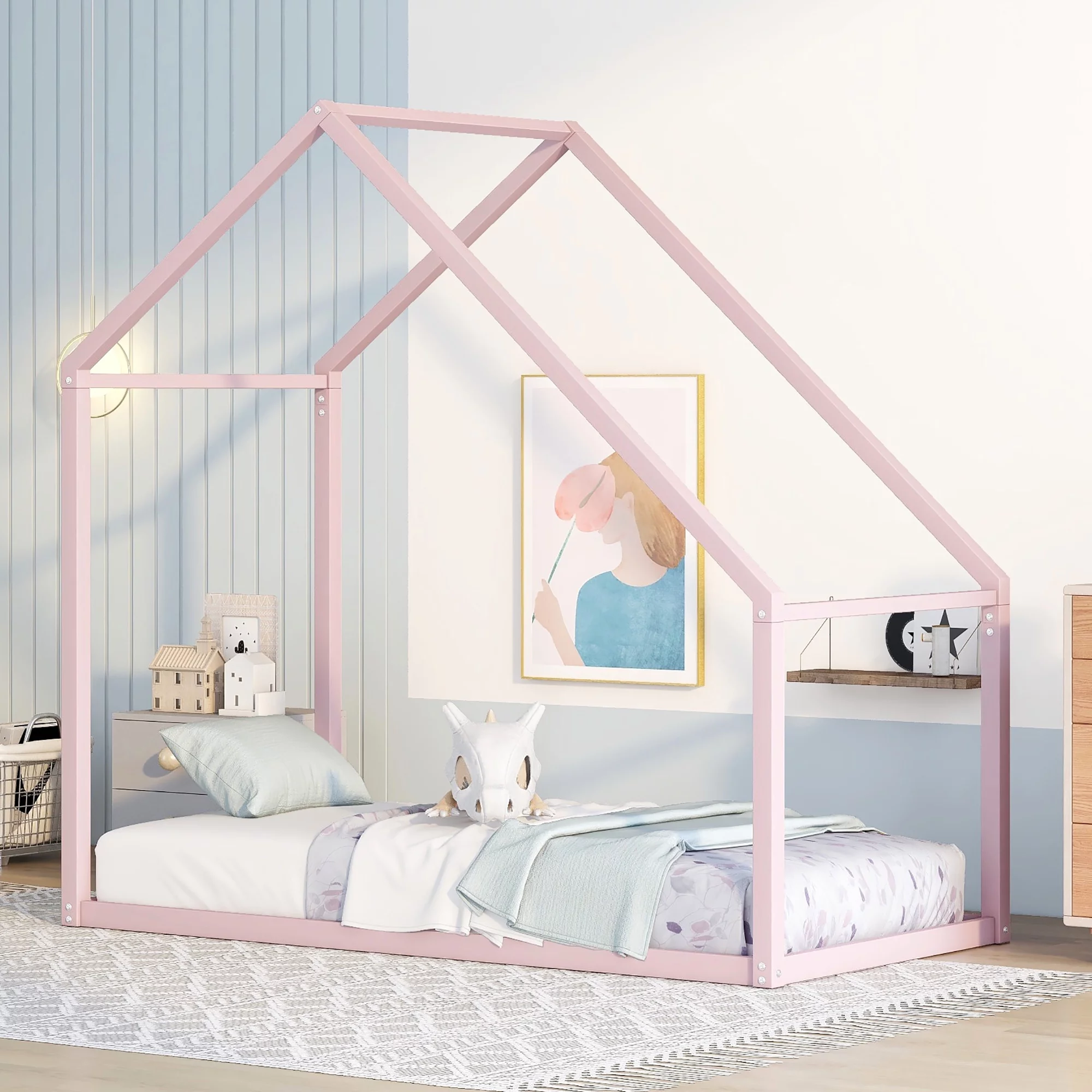 Twin Size Solid & Sturdy Metal Tent Bed with Roof Design for Toddlers, House Beds with Versatile Design, Metal Loft Bed Frame Bedroom Furniture for Girls Boys, No Box Spring Needed(Pink)