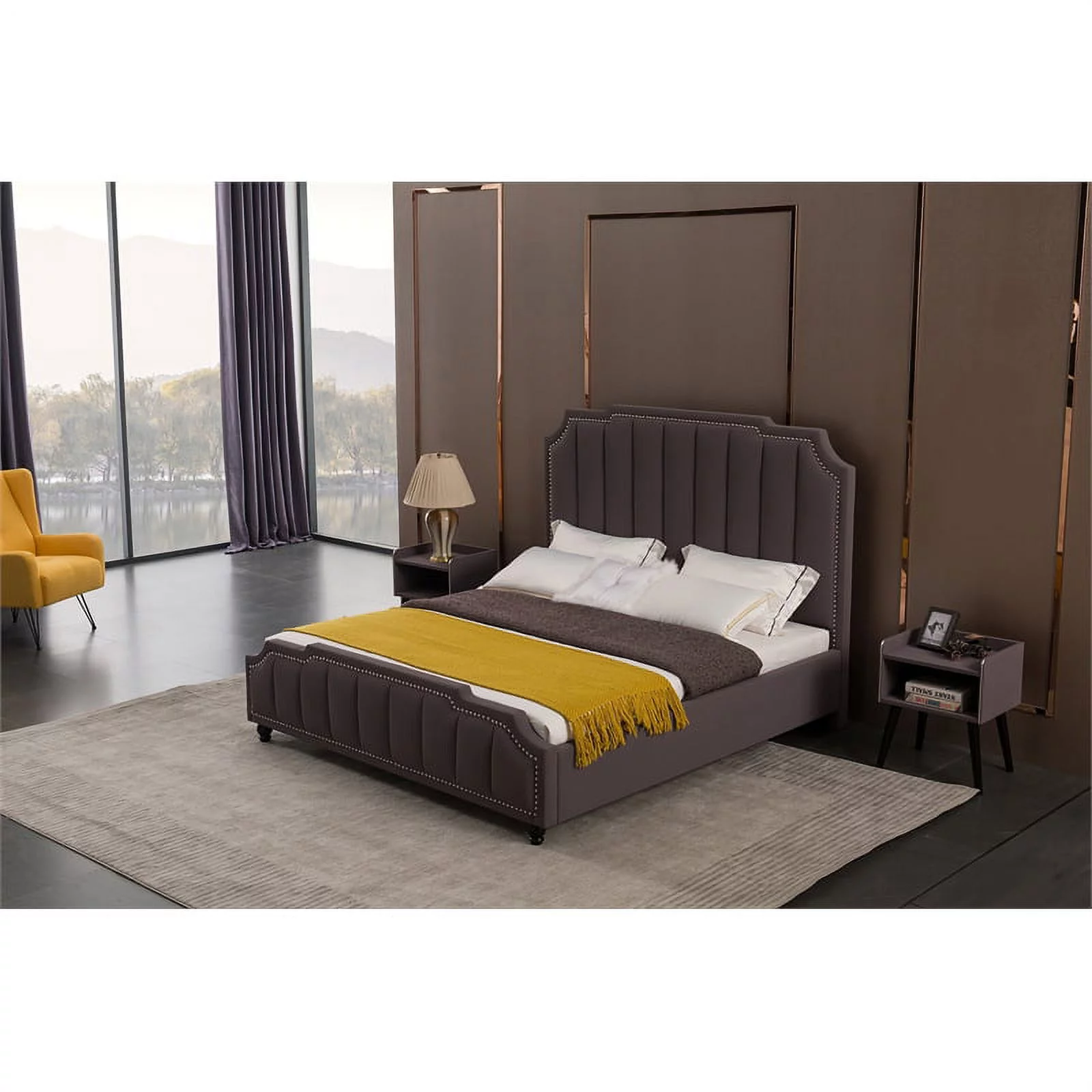 American Eagle Fabric Tufted Queen Platform Bed with Nailhead Trim in Gray