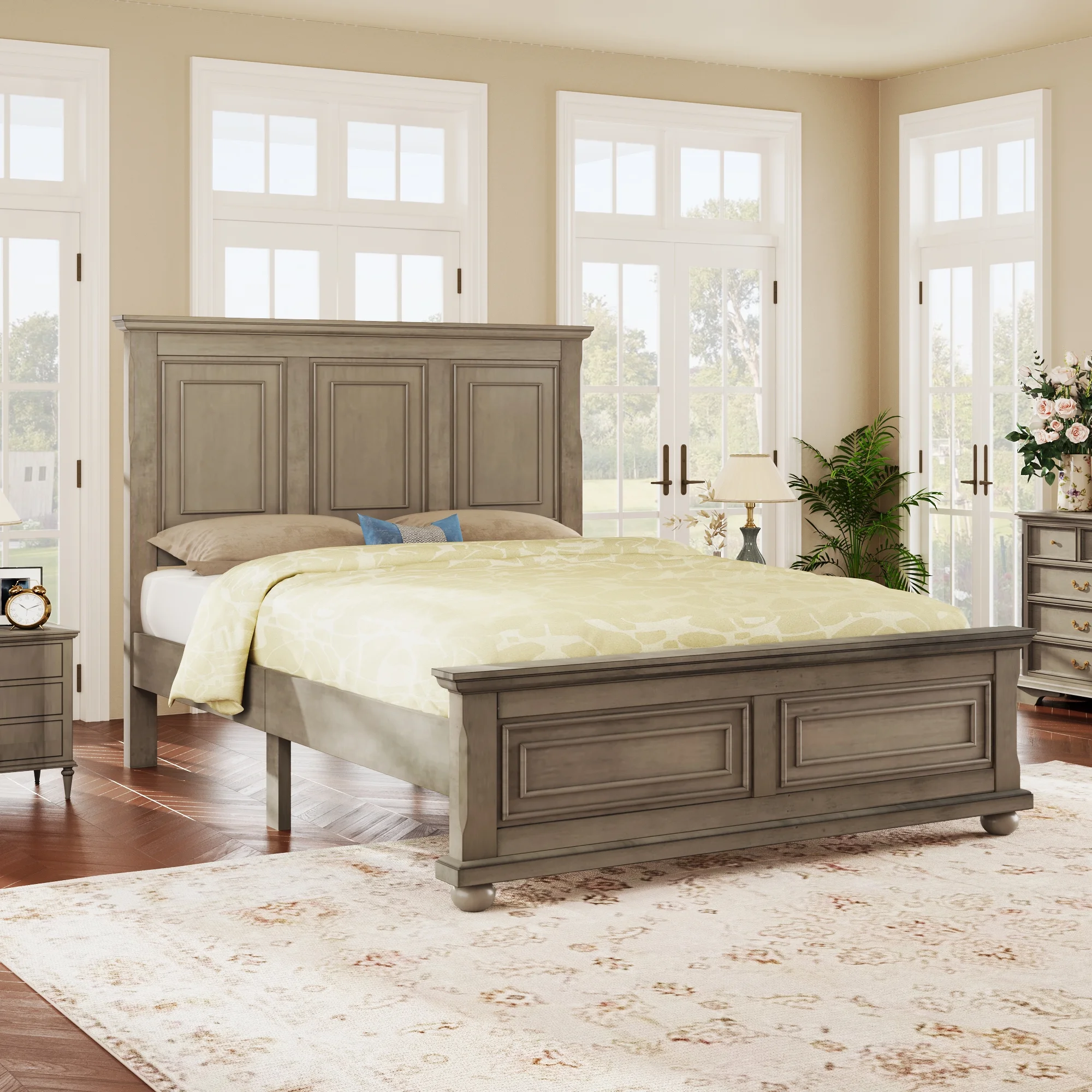 Elegant Stone-Toned Town & Country Pinewood Mansion King Bed with Classic Style