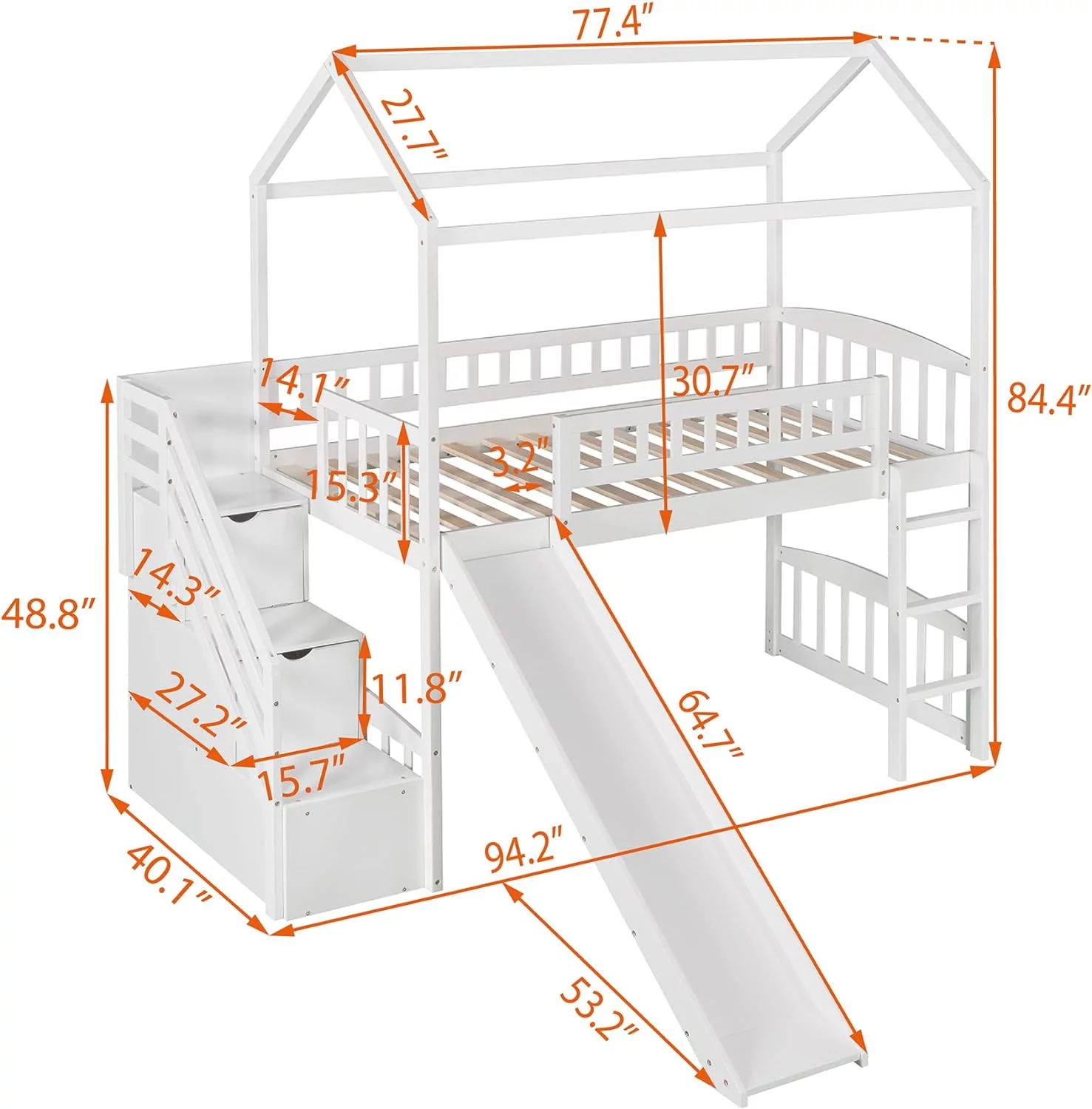 Loft Bed With Stairs Ad Slide, Woode House Loft Bed With Slide, Loft Bed With Storage Staircase, Kids Loft Bed Frame For Girls Or Boys,o Box Sprig eeded, White