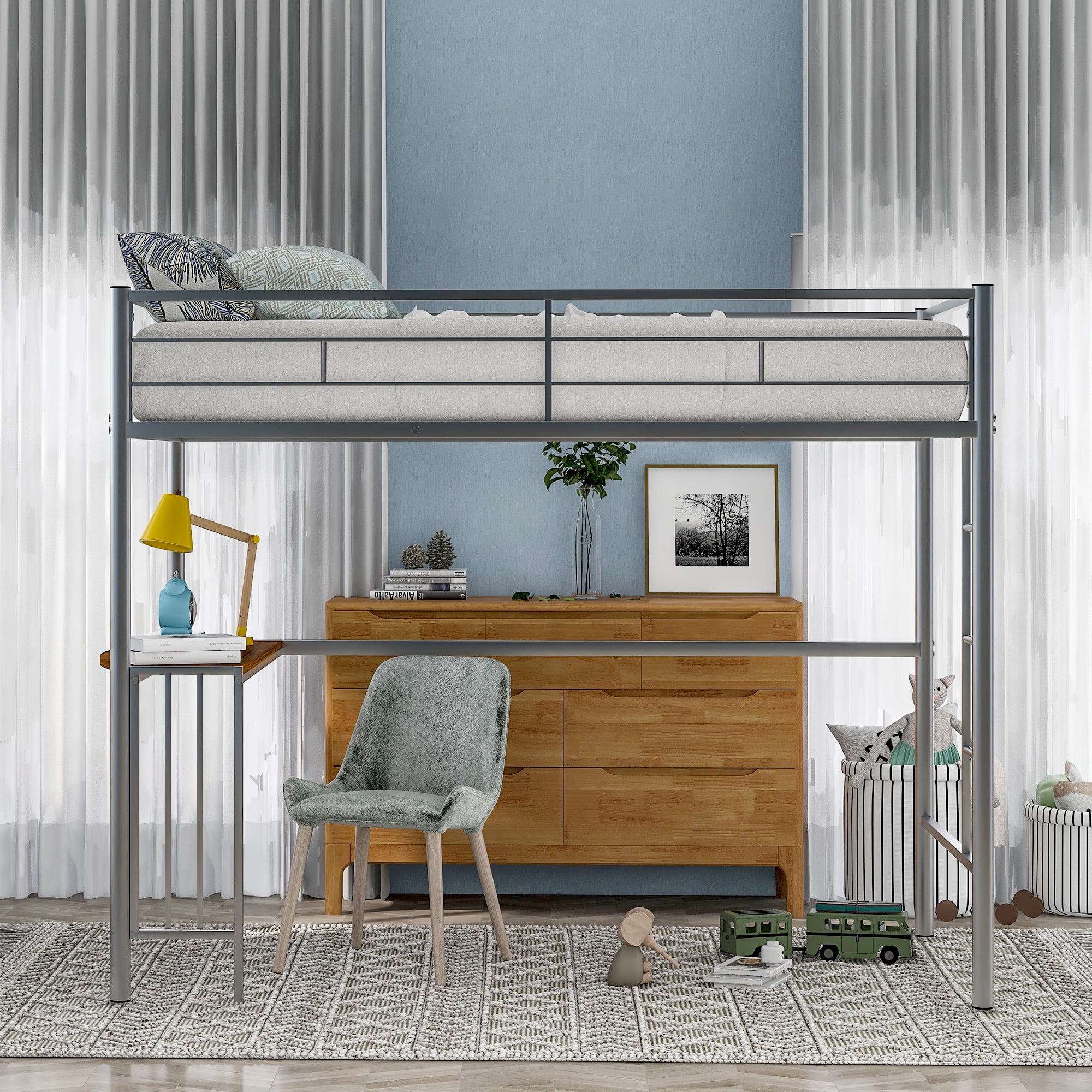 ikayaa Twin Metal Bunk Bed with Desk, Ladder and Guardrails, Loft Bed for Bedroom, Silver