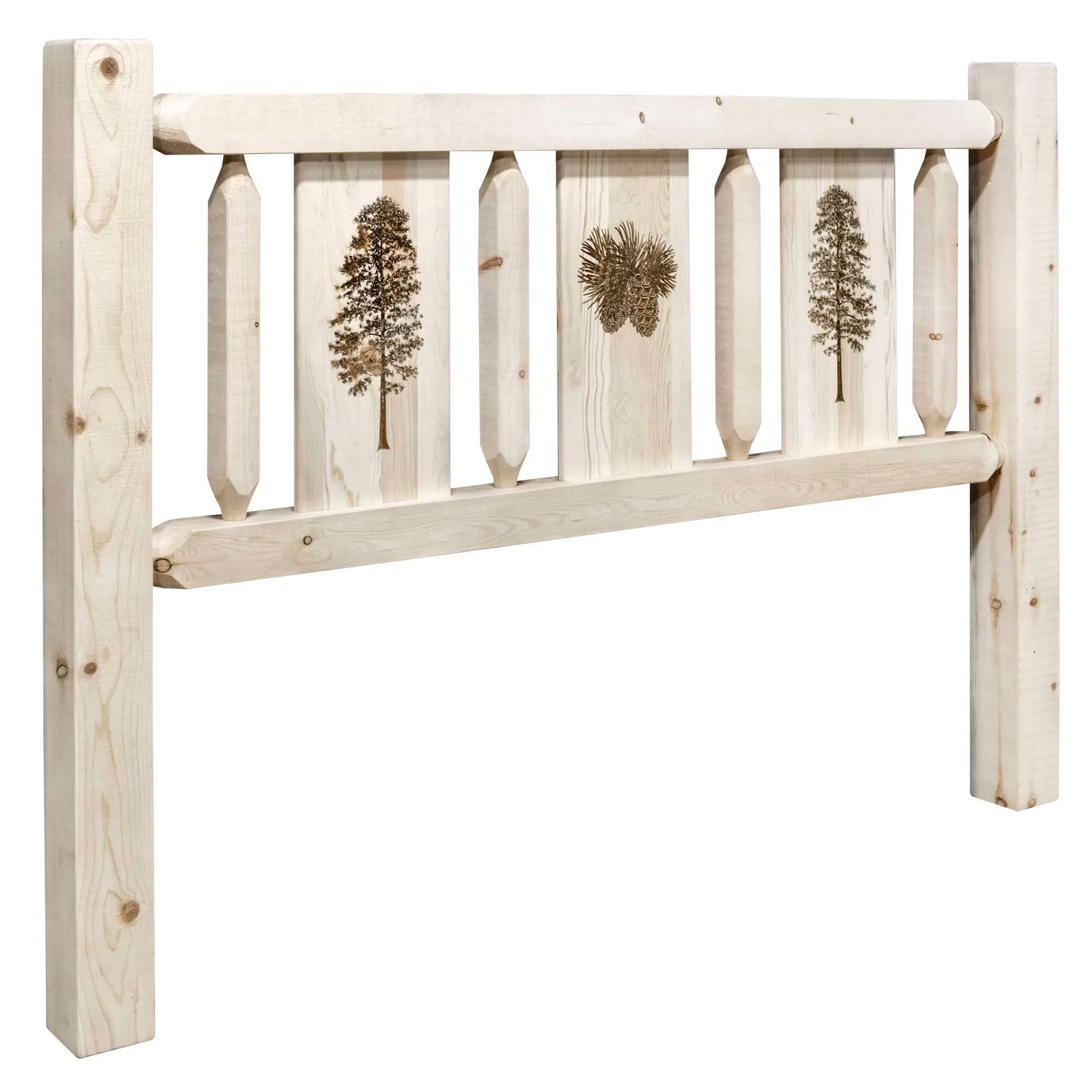 Homestead Collection Queen Headboard w/ Laser Engraved Pine Design, Clear Lacquer Finish