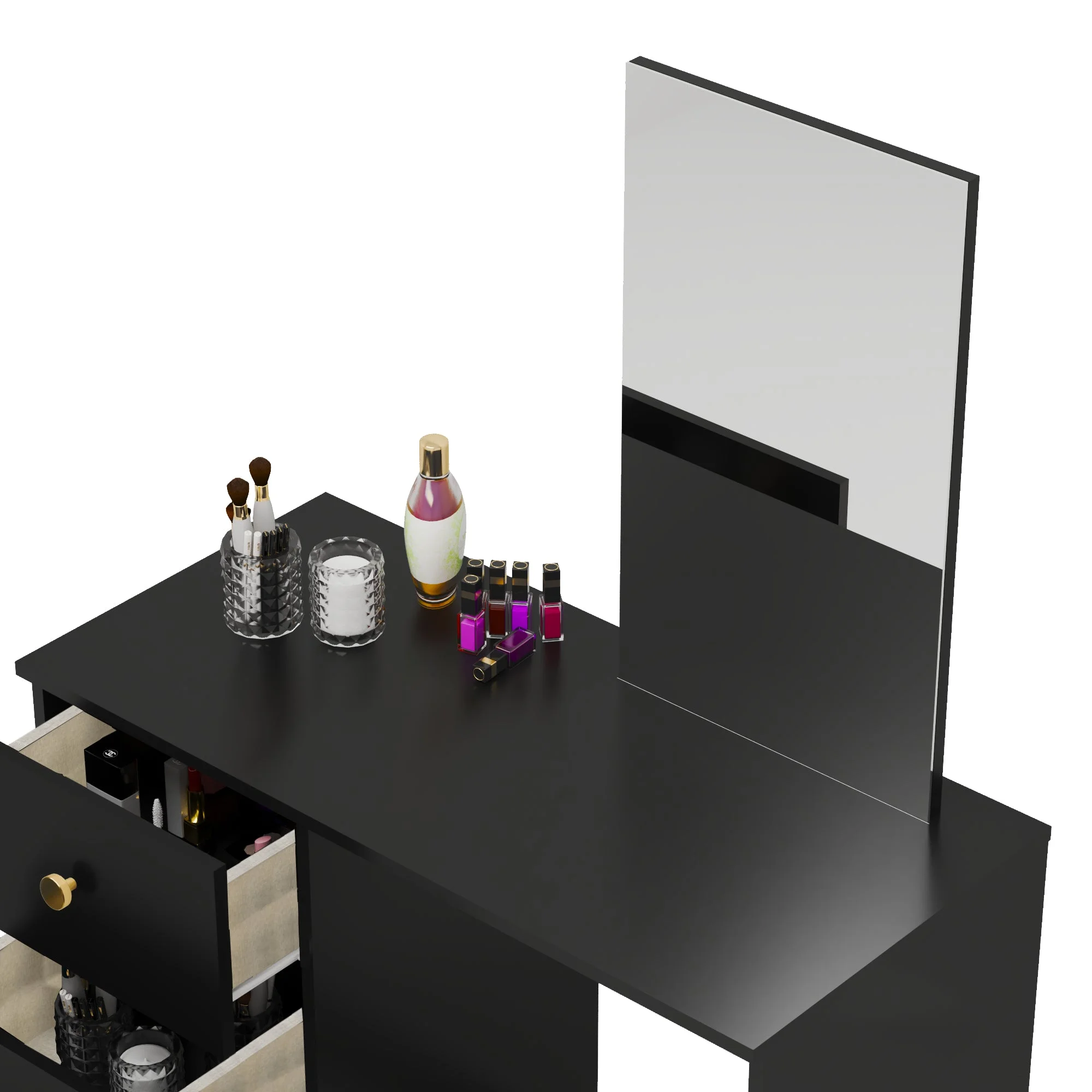 Boahaus Kira MINI Modern Makeup Vanity Set, 3 Drawers, Mirror, Golden Knobs, Black, for Bedroom