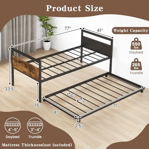 TJUNBOLIFE Twin Size Metal Daybed with Trundle  Daybed Frame with Wooden Headboards  Metal Slat Support  Saving Space Metal Sofa Bed Frame for Living Room  Bedroom  Apartment  No Box Spri