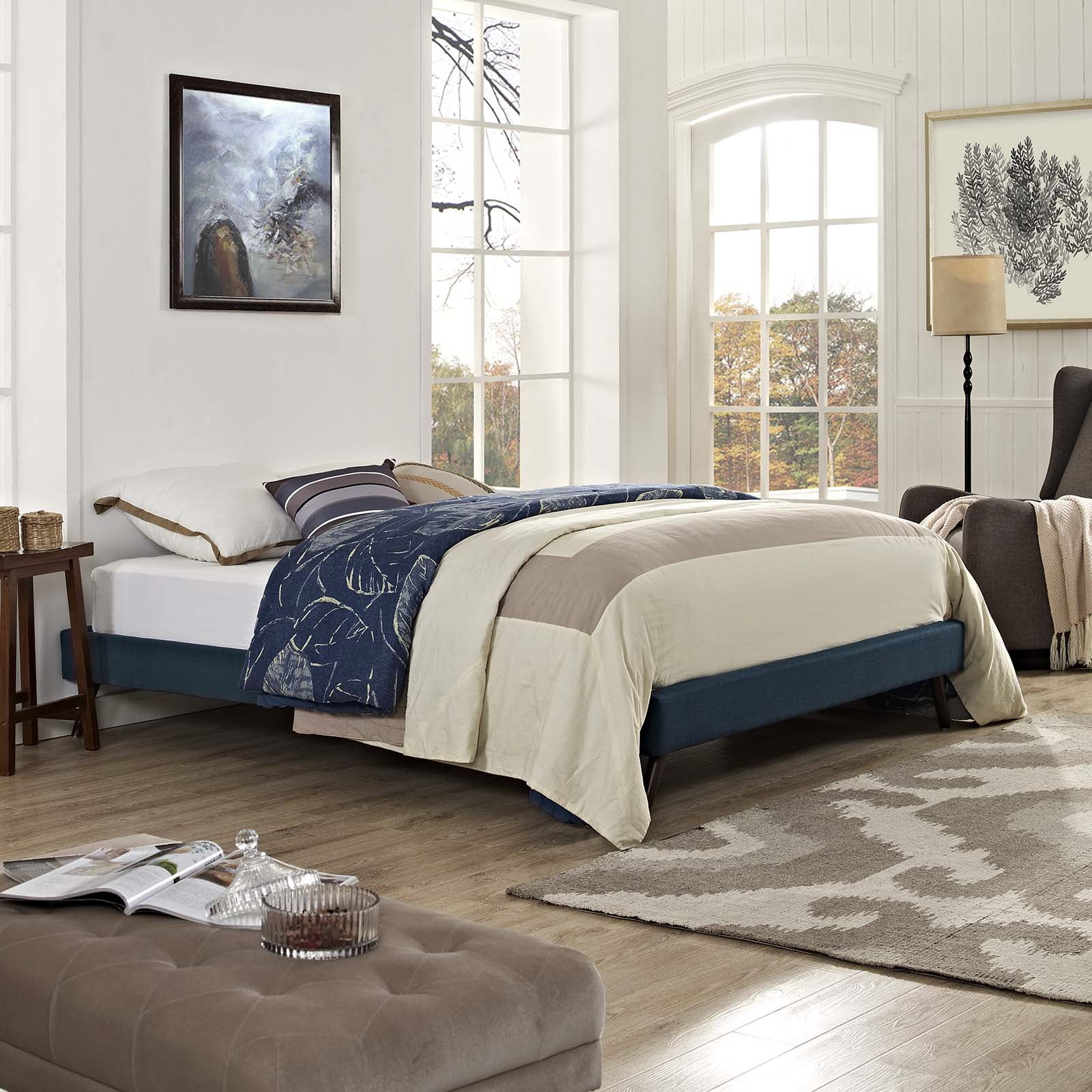 Modway Loryn Full Fabric Bed Frame with Round Splayed Legs in Azure