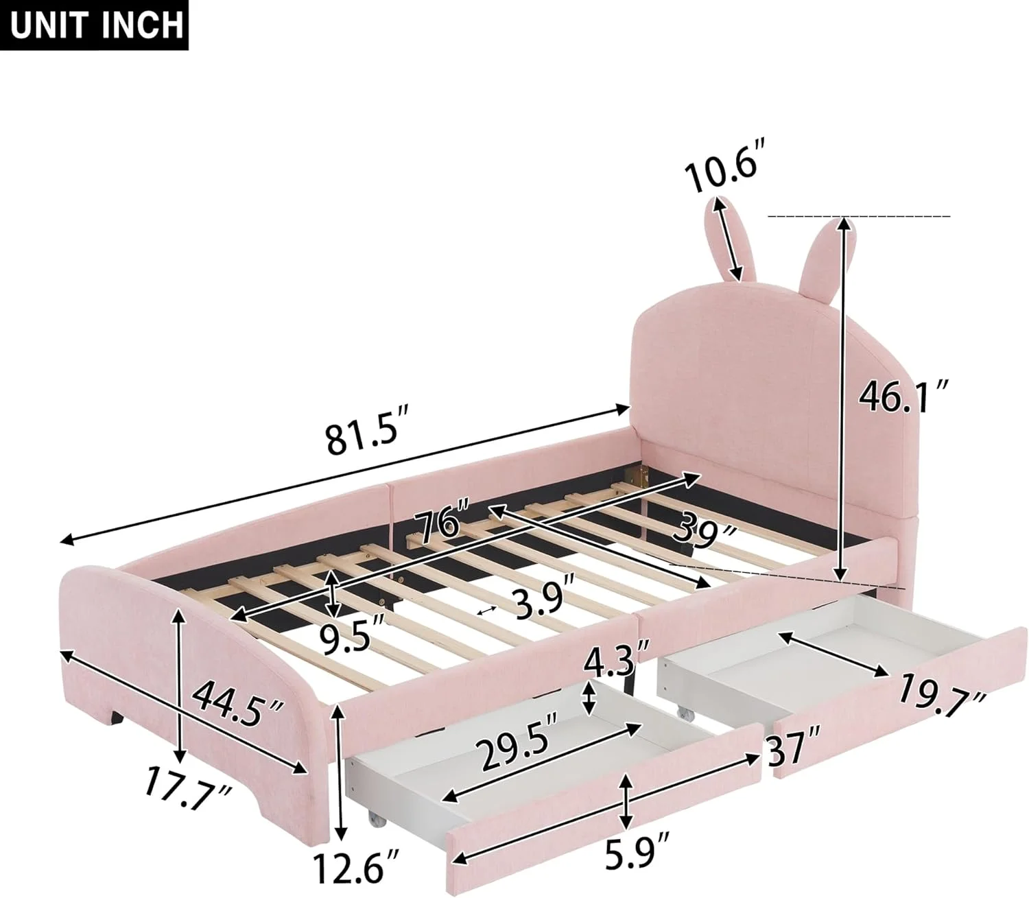 Upholsered Bed Wih Drawers And Caroon Ears Shaped Headboard, Chenille Plaform Bed Wood Frame, No Box Spring Needed,( Size,)