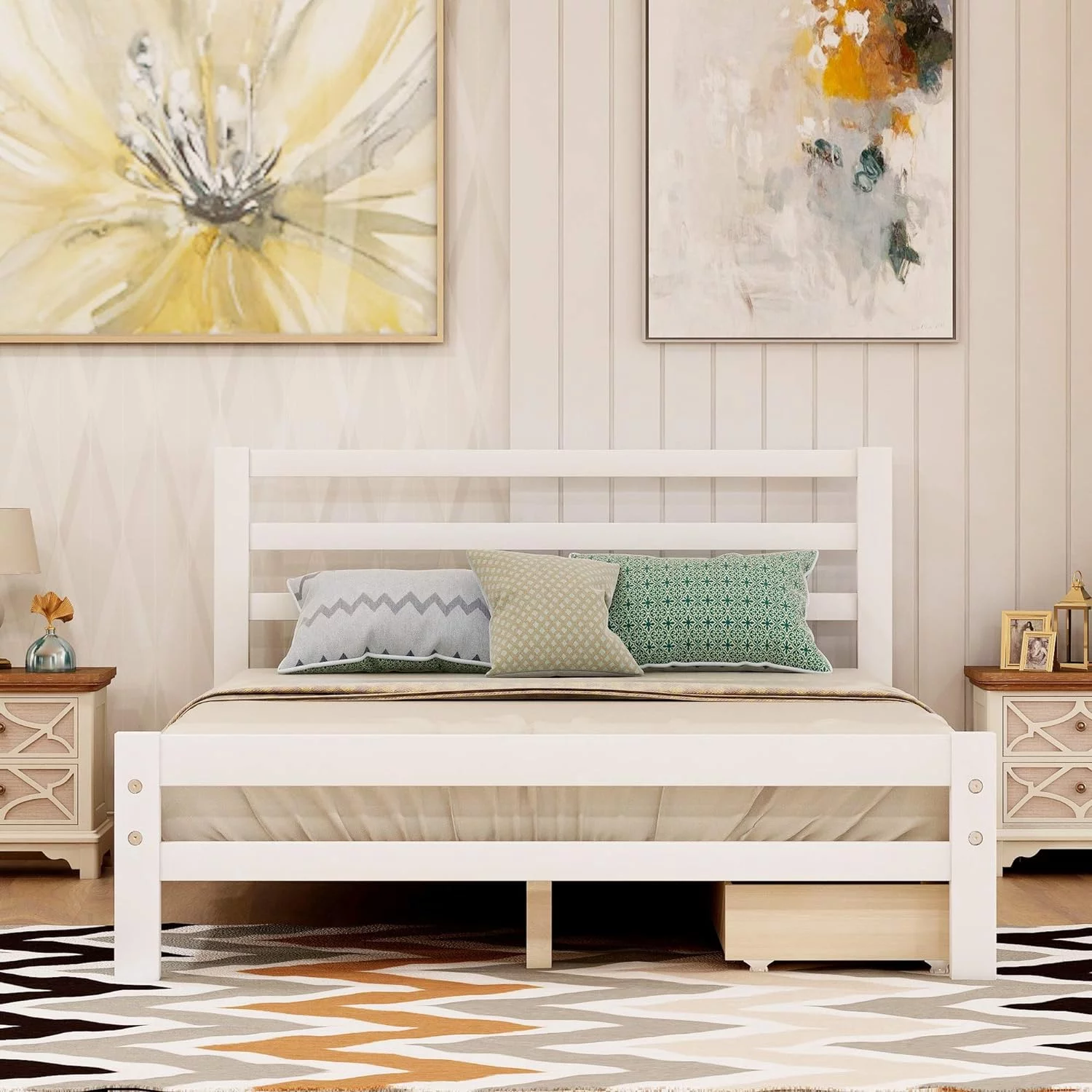 Full Size Platform Bed With Two Storage Drawers, Wooden Platform Bed With Headboard And Footboard, White