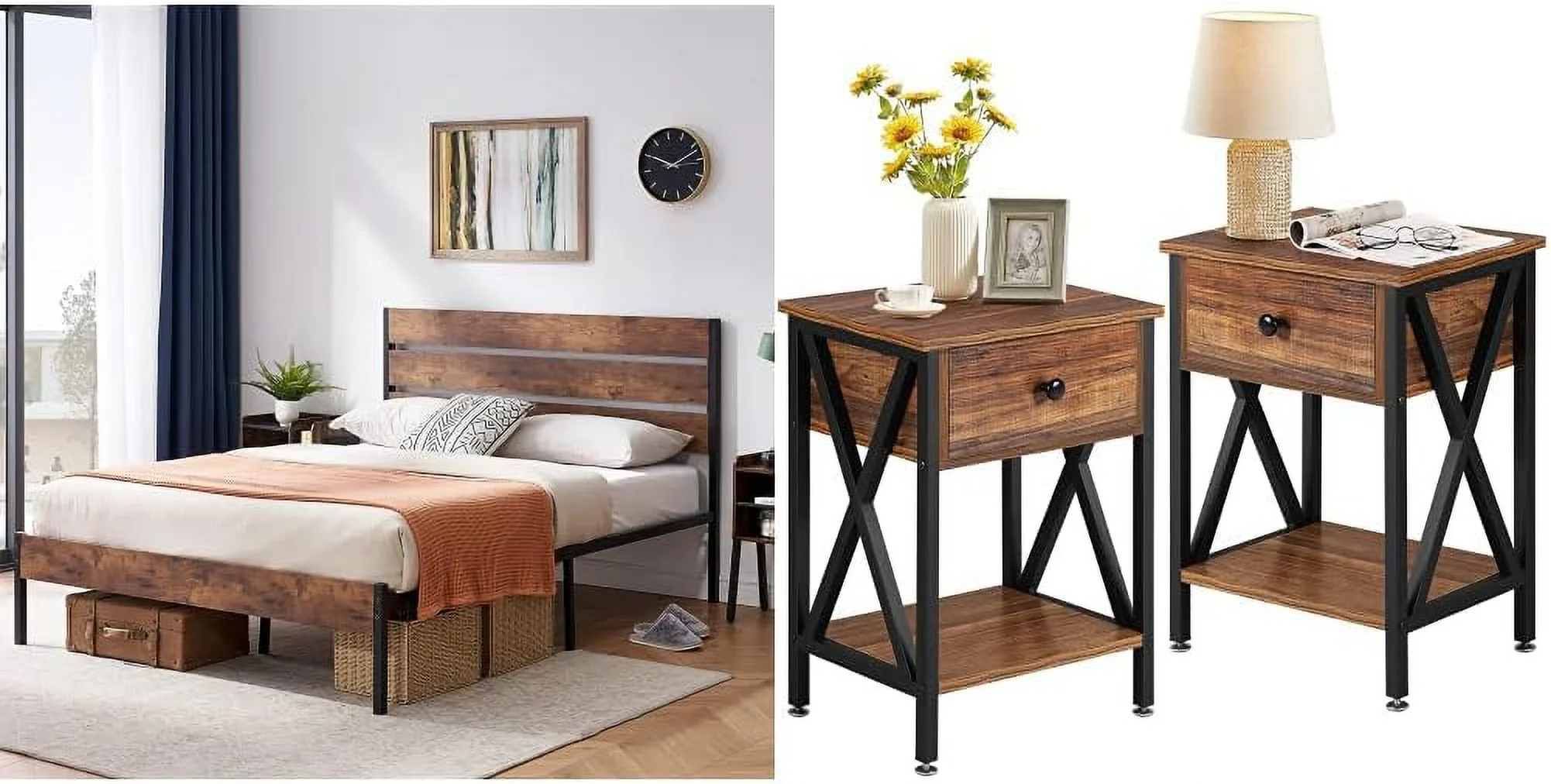 WAGEE Platform Queen Bed Frame with Rustic Vintage Wood Headboard and Footboard, No Box Spring Needed & Nightstand Set of 2, Modern Bedside End Tables, Night Stands for Bedroom, Brown
