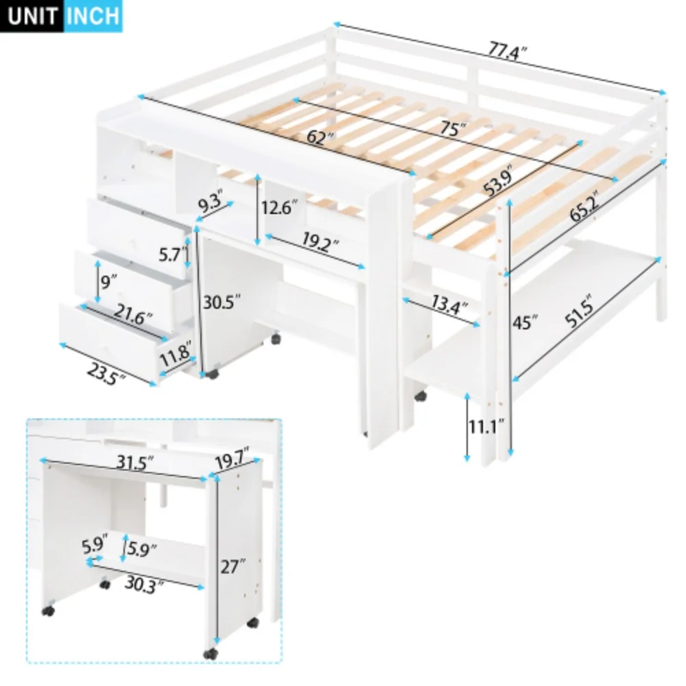 Full Size Low Loft Bed with Rolling Portable Desk, Drawers and Shelves, White White + Pine + Bedroom + Full + Box Spring Not Required + Wood