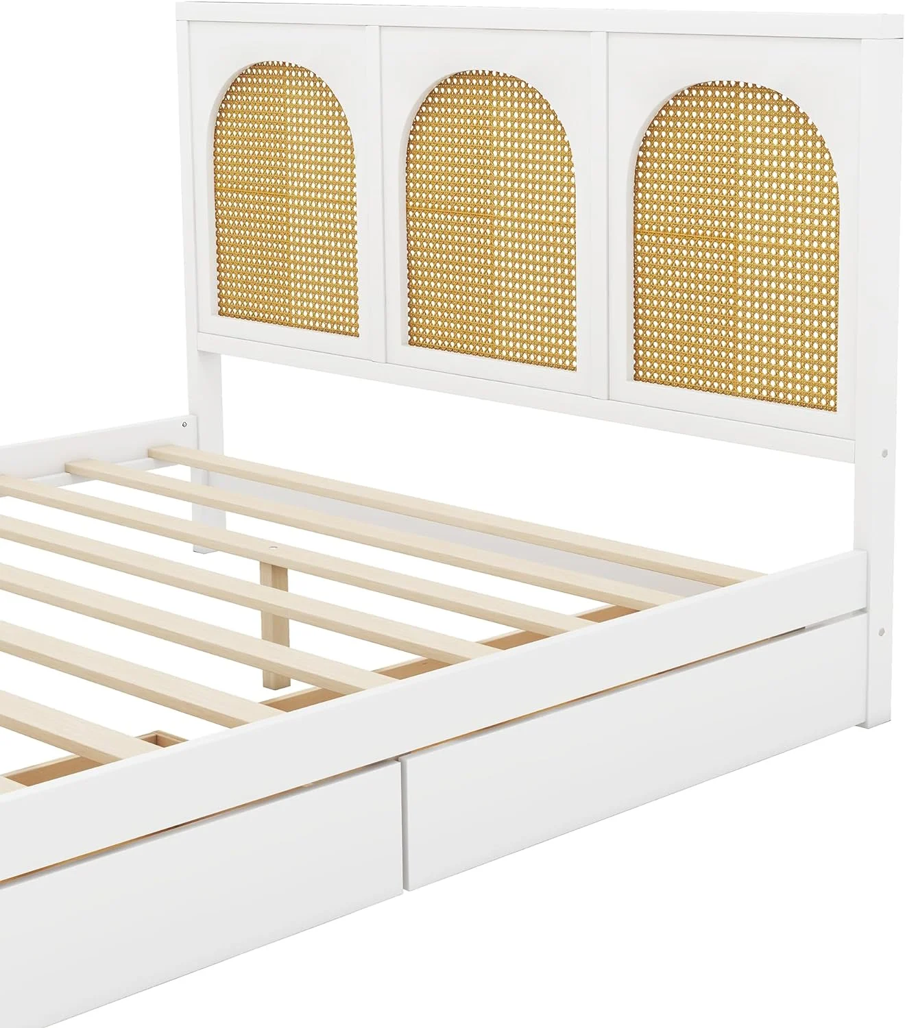 Queen Size Wood Storage Platform Bed with 2 Drawers, Rattan Headboard and Footboard