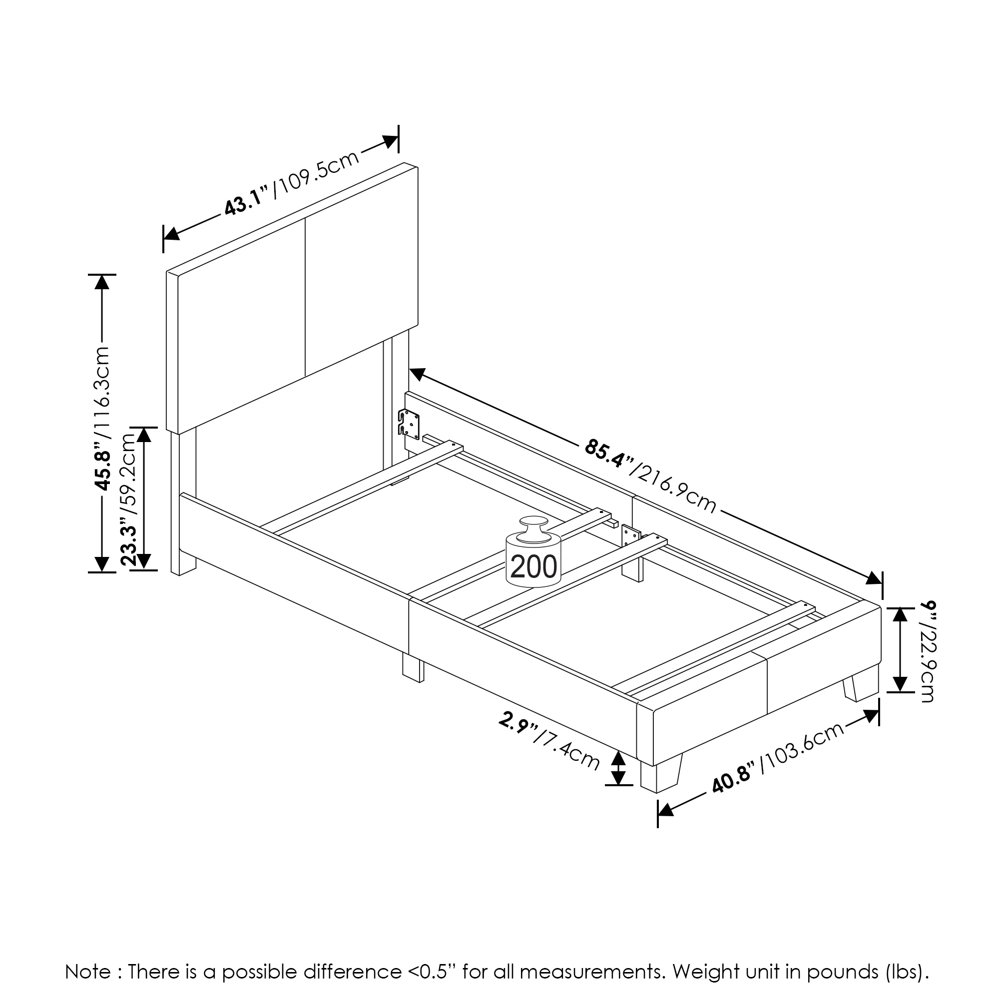 Furinno Pessac Upholstered Bed Frame, Black PU Leather, Twin XL