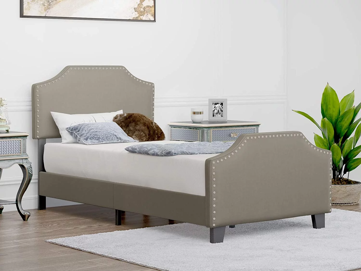 Mecor Upholstered Linen Platform Bed | Curved Shape Headboard, Footboard and Metal Frame with Sticky Wood Slat Support | Khaki, Twin …