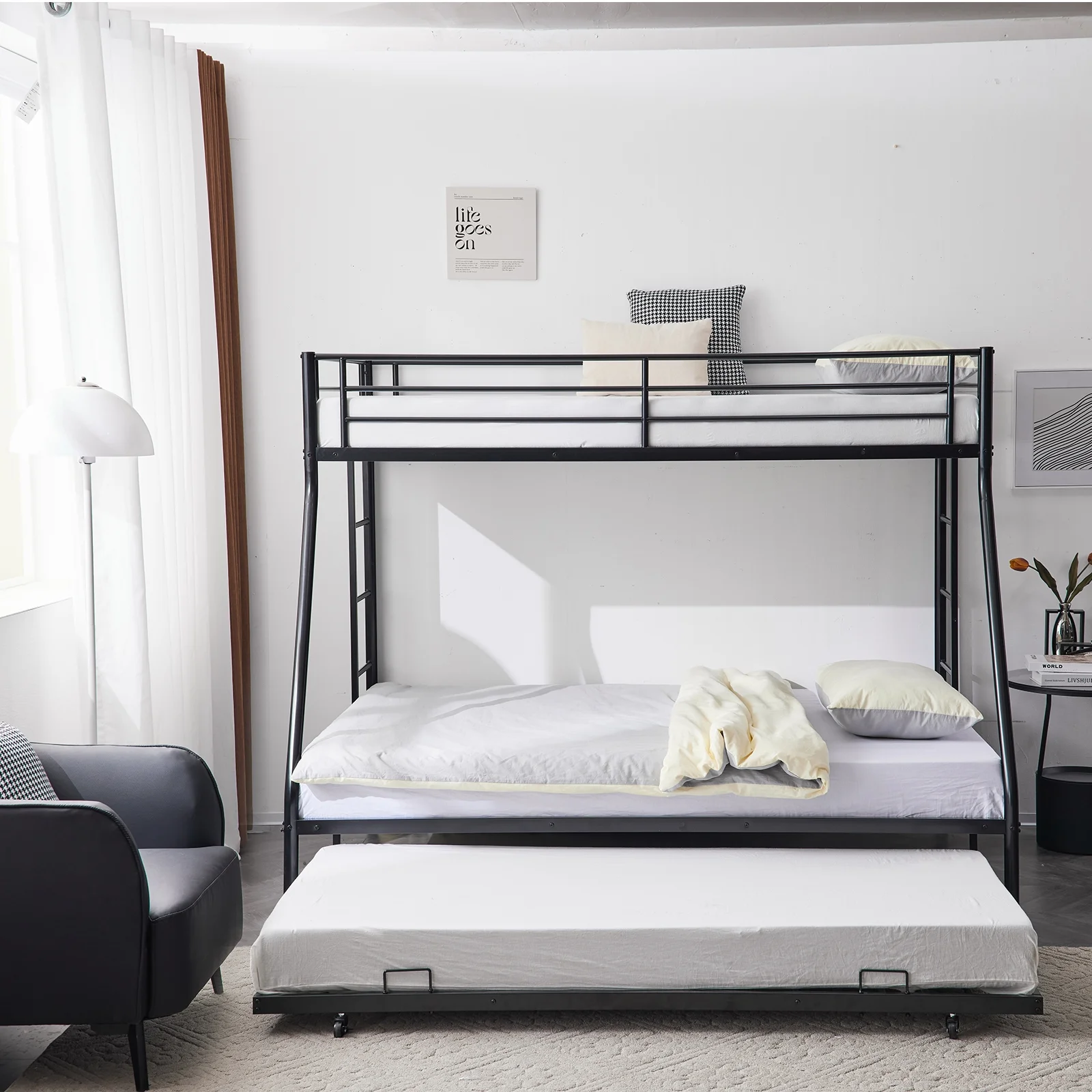 Ktaxon Metal Twin over Full Bunk Beds with Trundle, Kids Bed with Daybed, Bed Frame withLadder, Kids Adult Dorm Bedroom Furniture,Black
