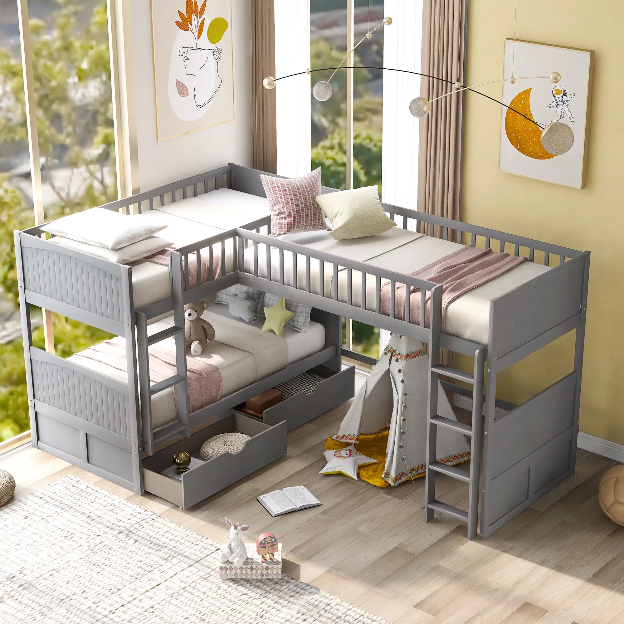 Docooler Twin Size Bunk Bed with a Loft Bed attached, with Two Drawers,Gray