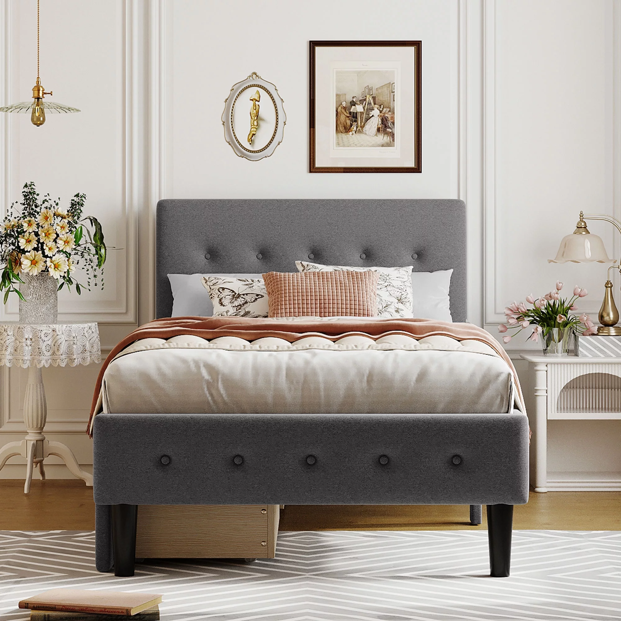 Queen bed with two nightstands, Button designed Headboard,strong wooden slats + metal legs with Electroplate