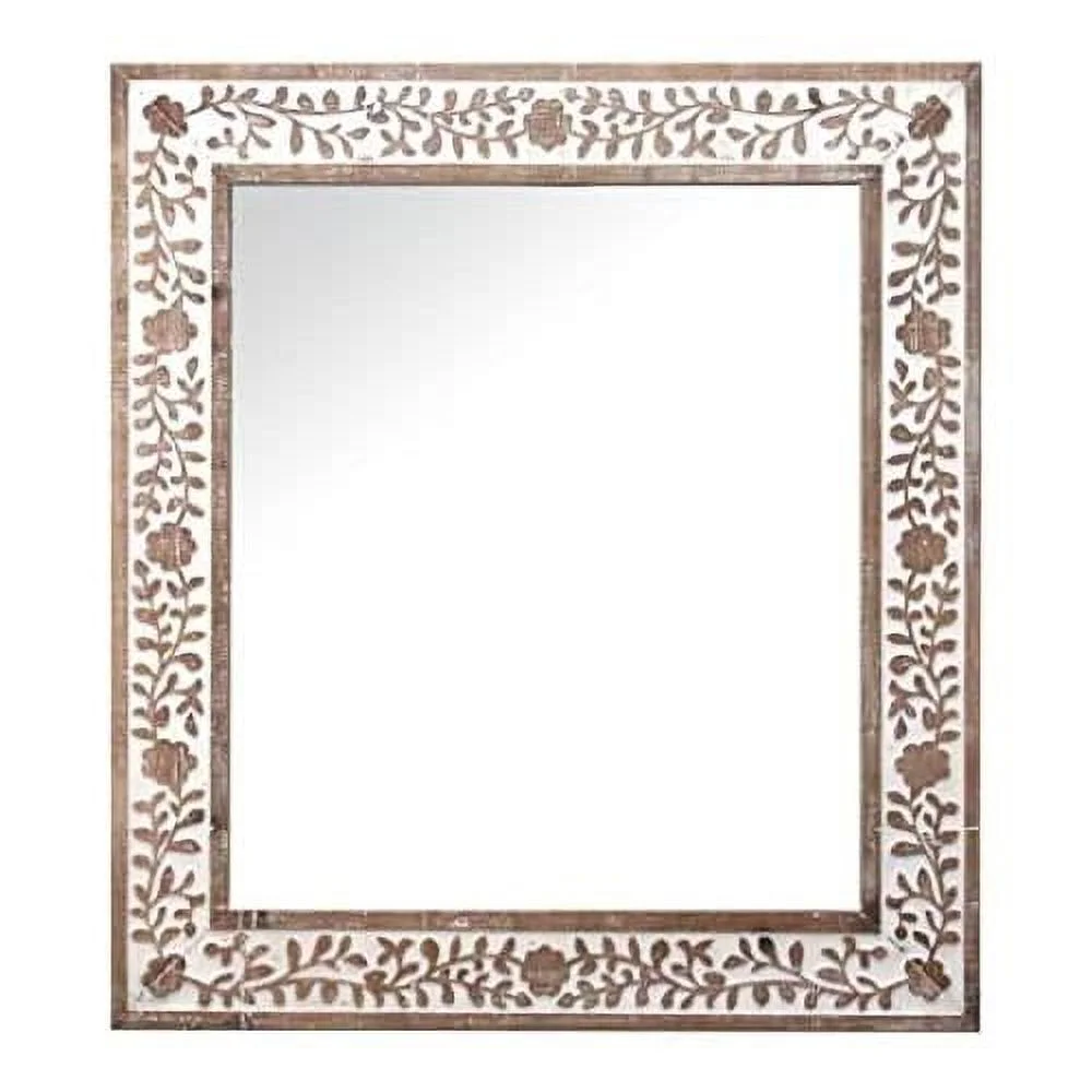 Wood Wall-Mounted Mirror With Carved Frame Details,Farmhouse Antique Decorative Mirror For Living Room, Bedroom, Bathroom, Kitchen Or Hallway, 31.2