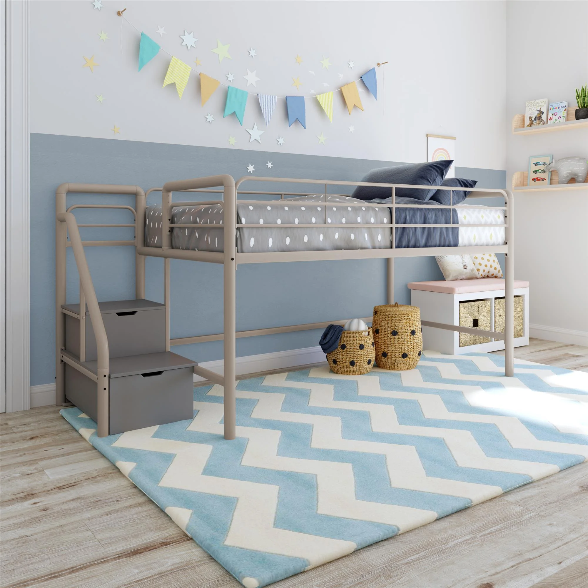 DHP Sol Junior Twin Metal Loft Bed with Storage Steps, Silver