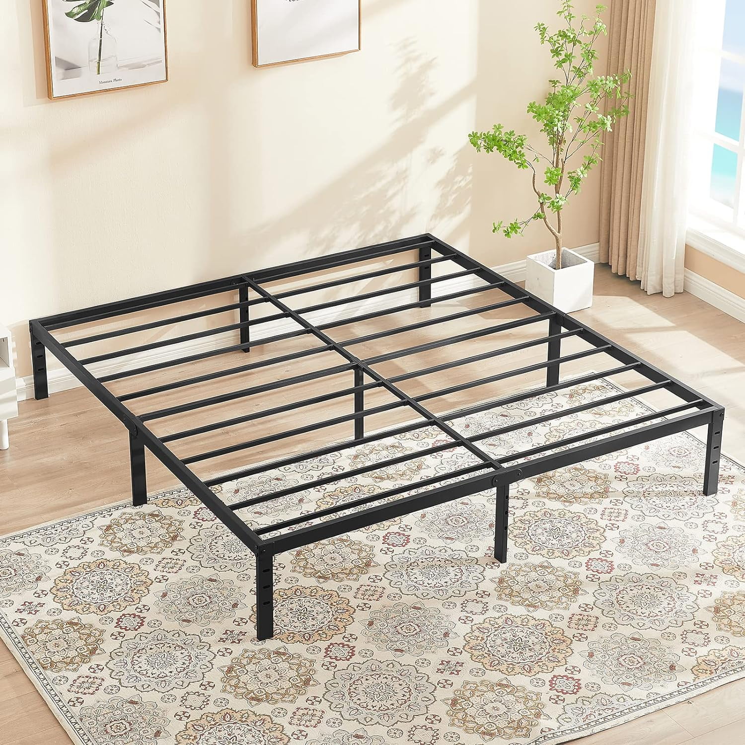 YGDU Full Bed Frame, 18” Height Noise Free Metal Platform, Lightweight Heavy Duty Steel Support Up to 4500 lbs, Box Spring Free Design, Steel Slat Supports, Easy Assembly Tool-Free,Black