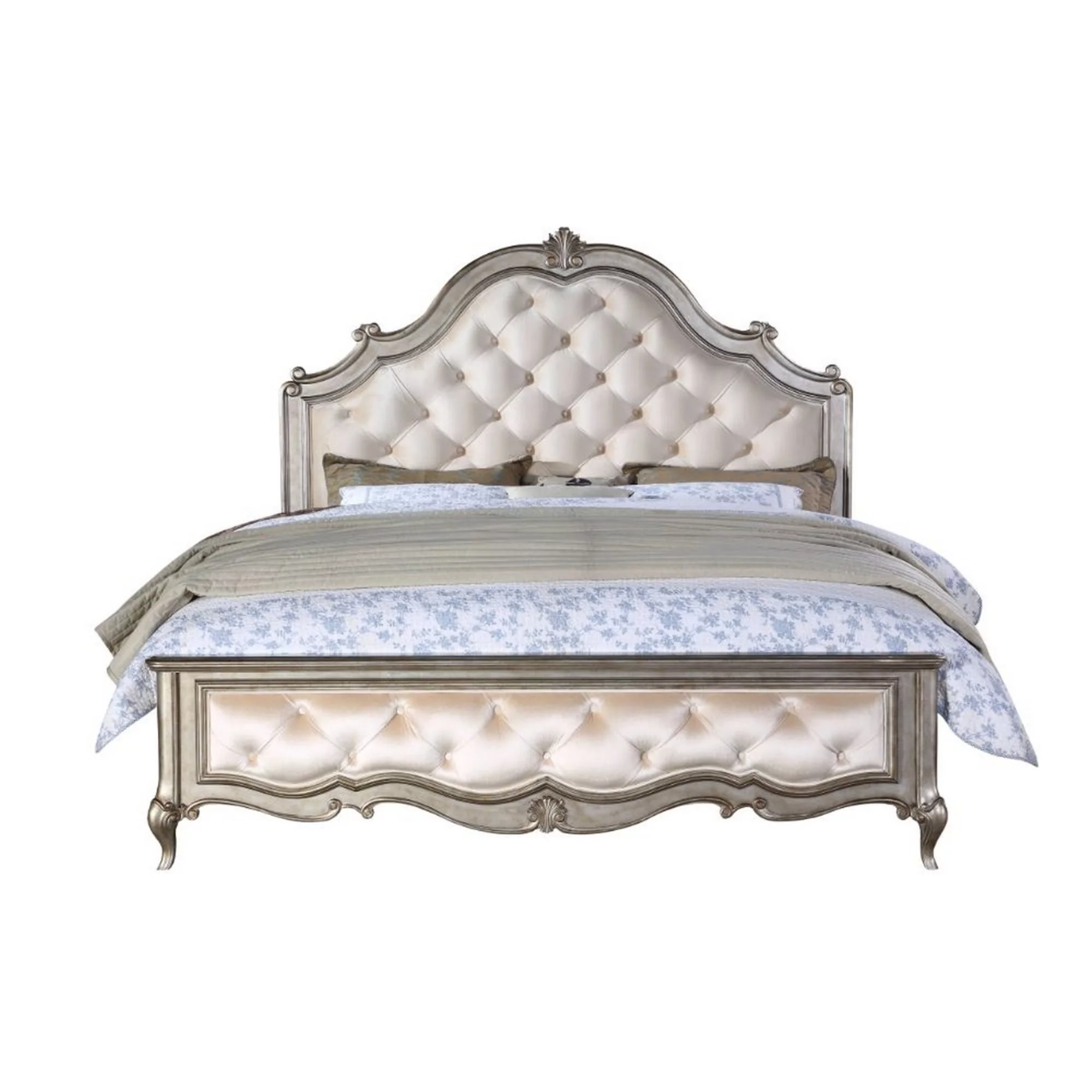Benjara Queen Bed with Crowned Headboard, Champagne Gold