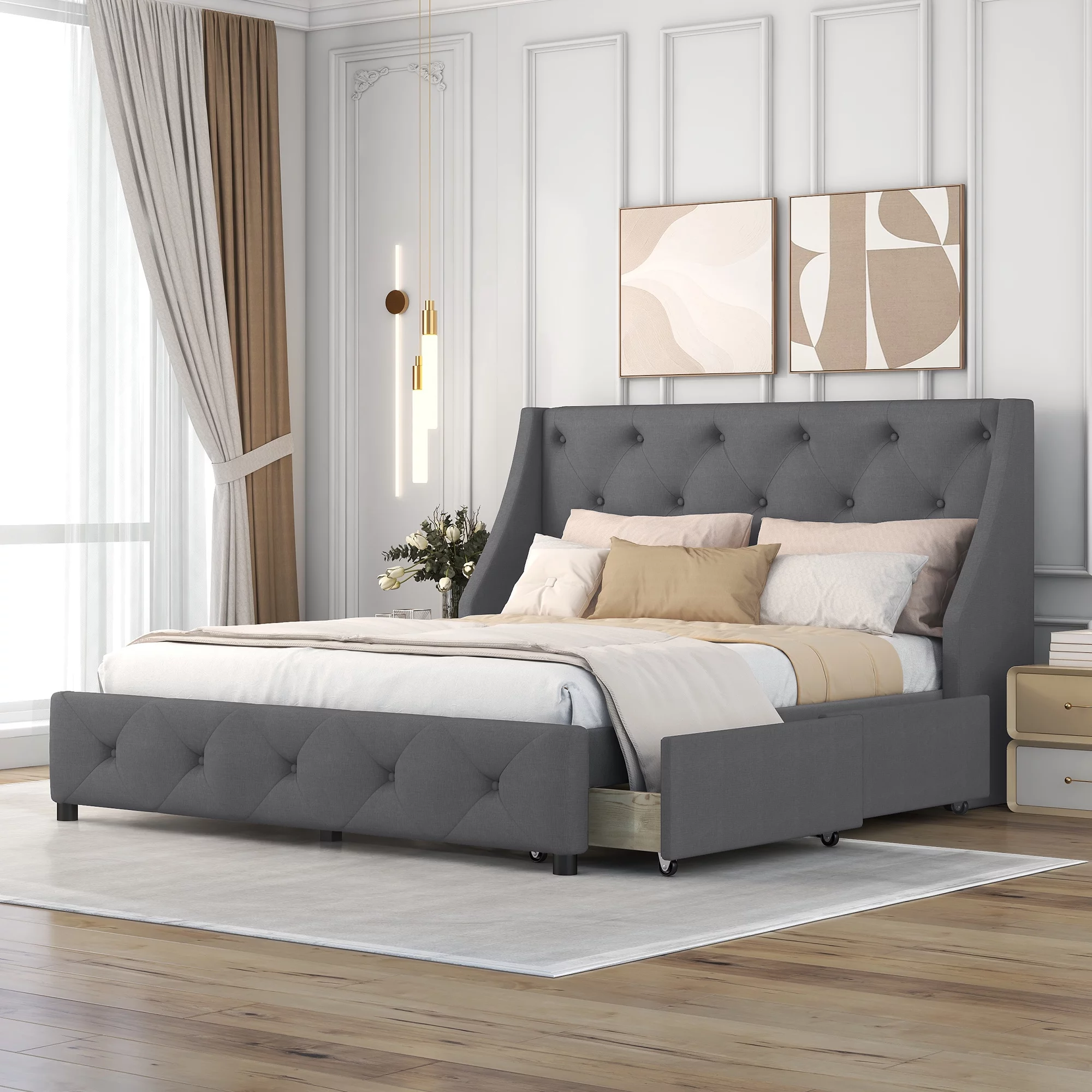 CoSoTower Upholstered Platform Bed with Wingback Tufted Headboard and 4 Drawers, No Box Spring Needed, Linen Fabric, Queen Size Gray
