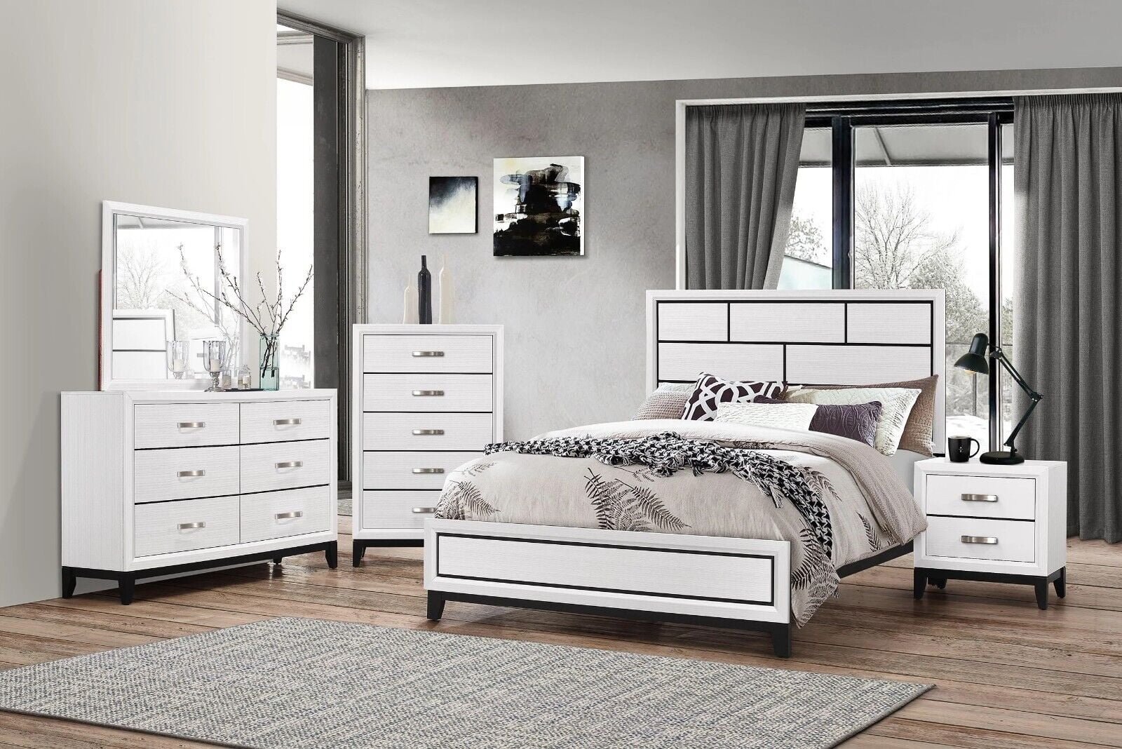 Contemporary Style 6pc Queen Size Low-Profile Bed Dresser Mirror Nightstand Chest Bedroom Furniture Set White Finish