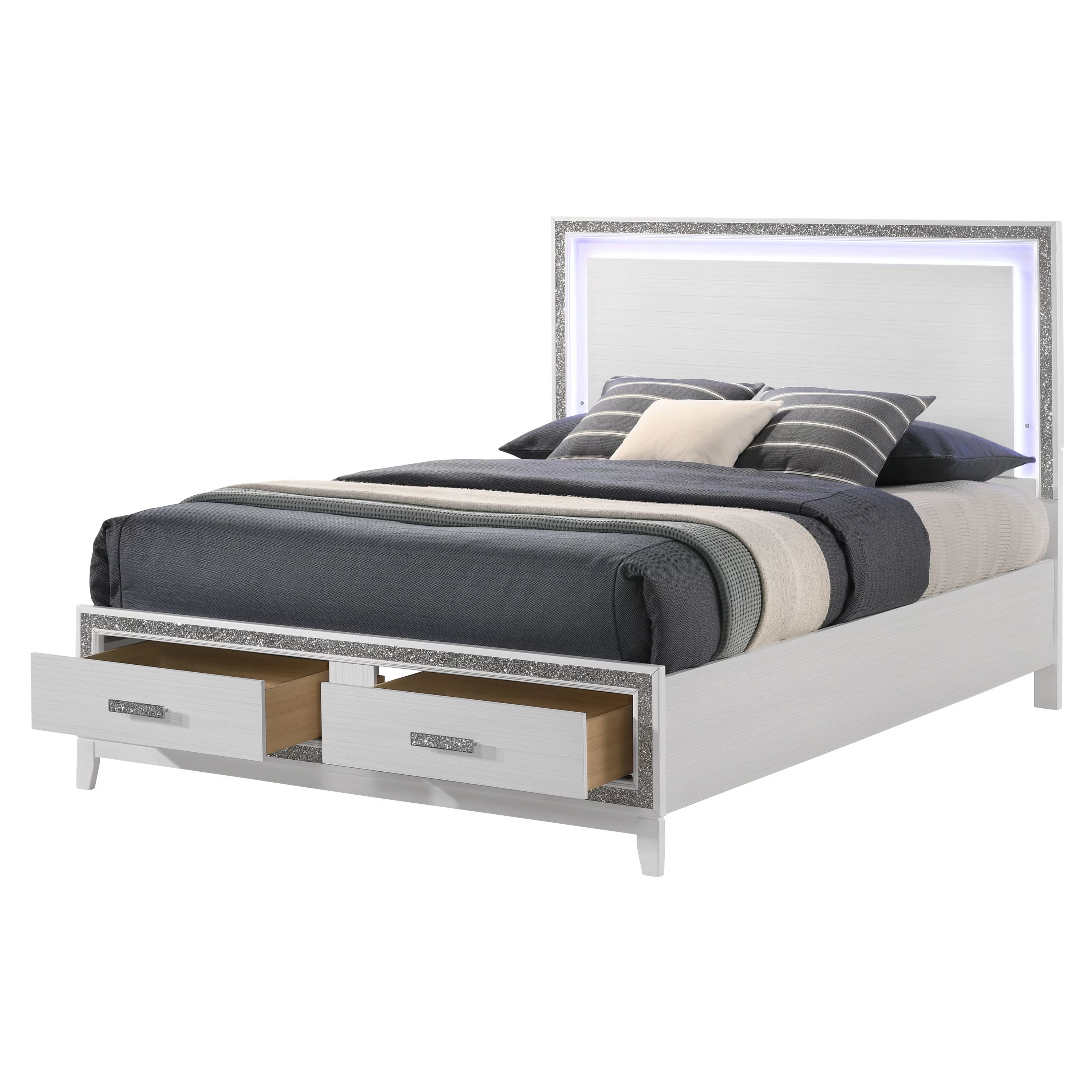 ACME Haiden 2 Drawers Wooden Queen Bed with LED Lighting Headboard in White