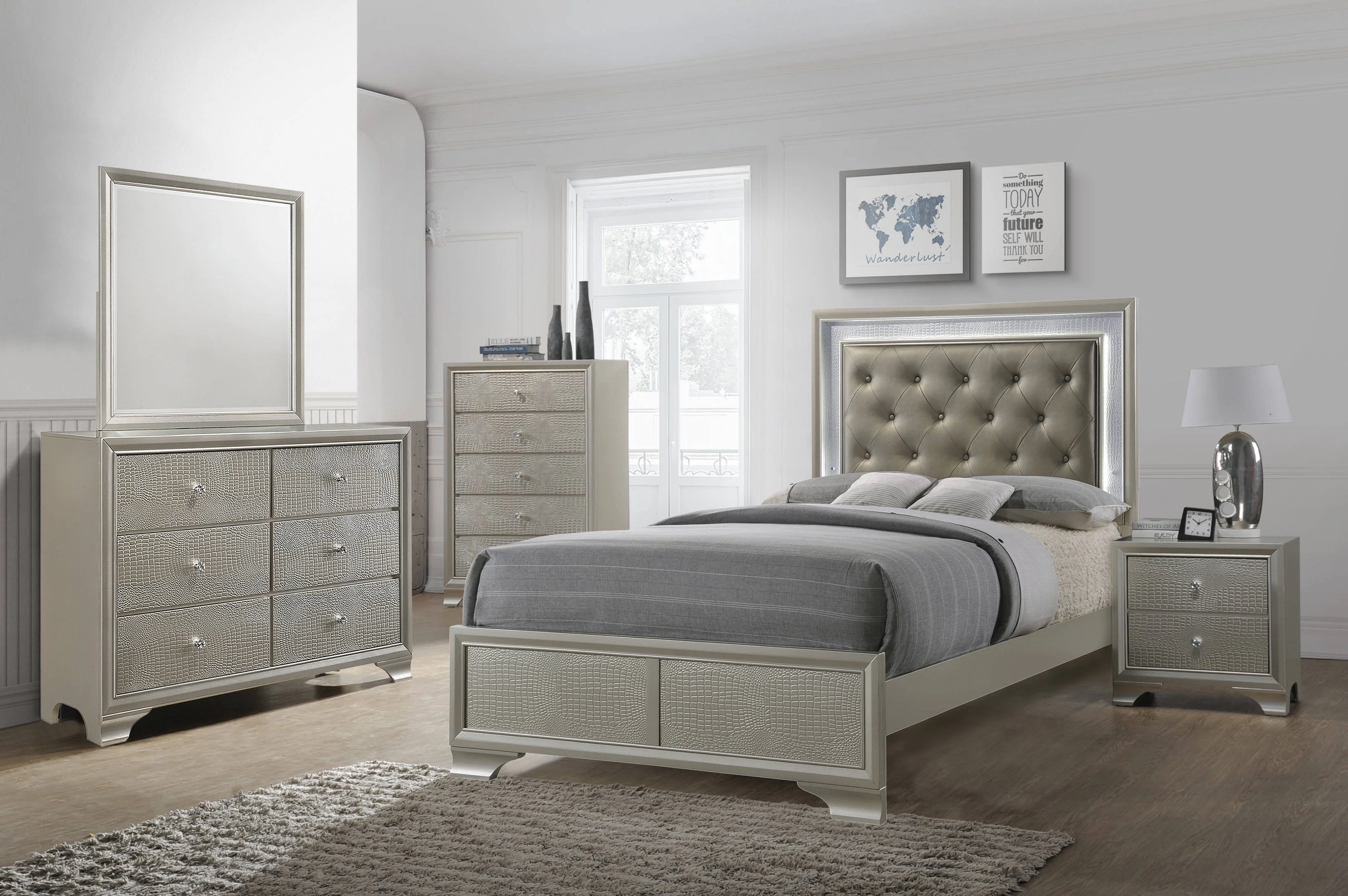 Modern Champagne Faux Finish 6pc Twin Size LED Backlit HB Bed Dresser Mirror Nightstand Wooden Bedroom Storage Furniture Set