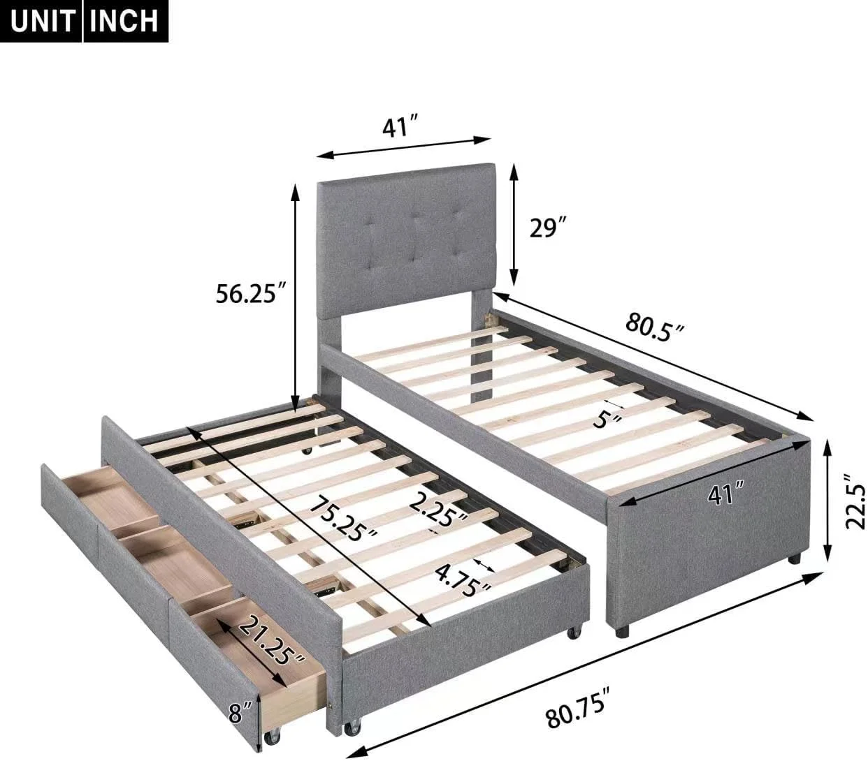 Size Upholstered Captai Bed With Trudle Ad Storage Drawers, Lie Fabric Platform Bed With Butto Tufted Headboard, Moder Upholstered Bed For Kids Boys Girls Tees, Gray