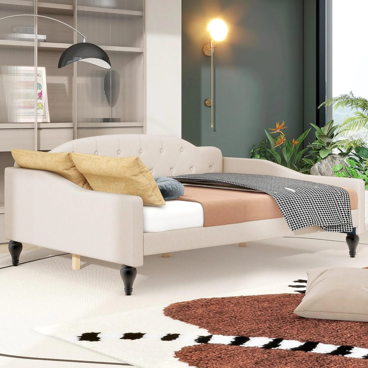 Full Size Upholsered Daybed, Lie Day Bed Frame, Boom ufed Sofa Bed -Ceury Desig For Bedroom Livig Room, Beige