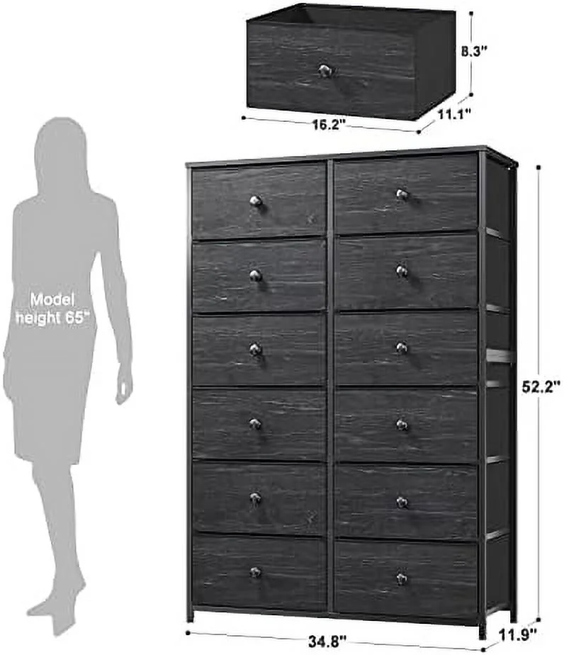 12 Drawer Dresser  Tall Dressers for Bedroom with Wooden Top and Metal Frame  Black Dresser & Chest of Drawers for Bedroom  Closet Living Room  Black Grey  11.9" D x 34.8" W x
