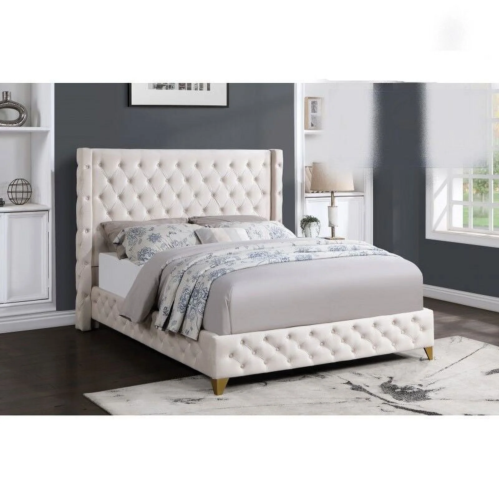 Contemporary Platform King Bed 1pc Cream Color Velvet Upholstered Button Tufted Modern Bedroom Furniture