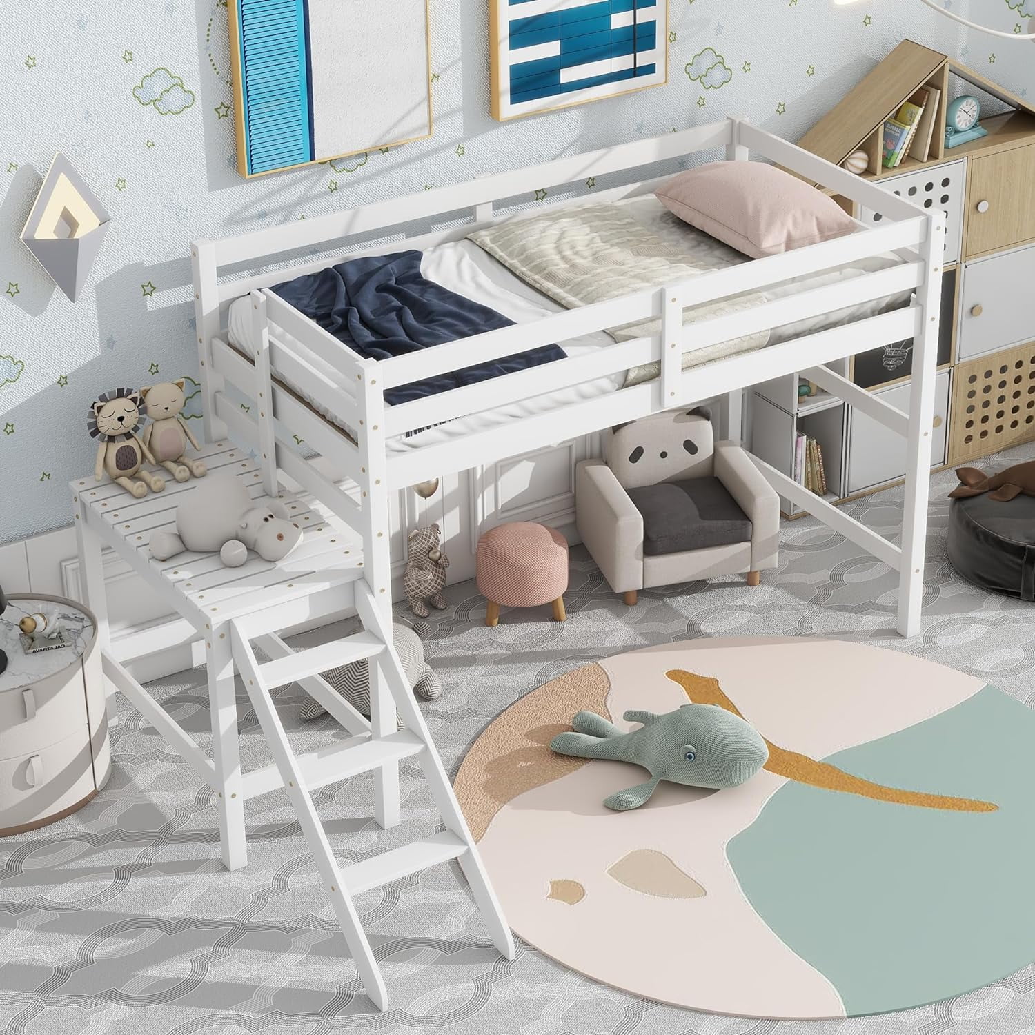 Loft Bed With Platform, Woode Low Height Loft Bed Frame With Ladder, Metal Loft Bed Frame For Kids Tees Adults, Size For Bedrooms, White