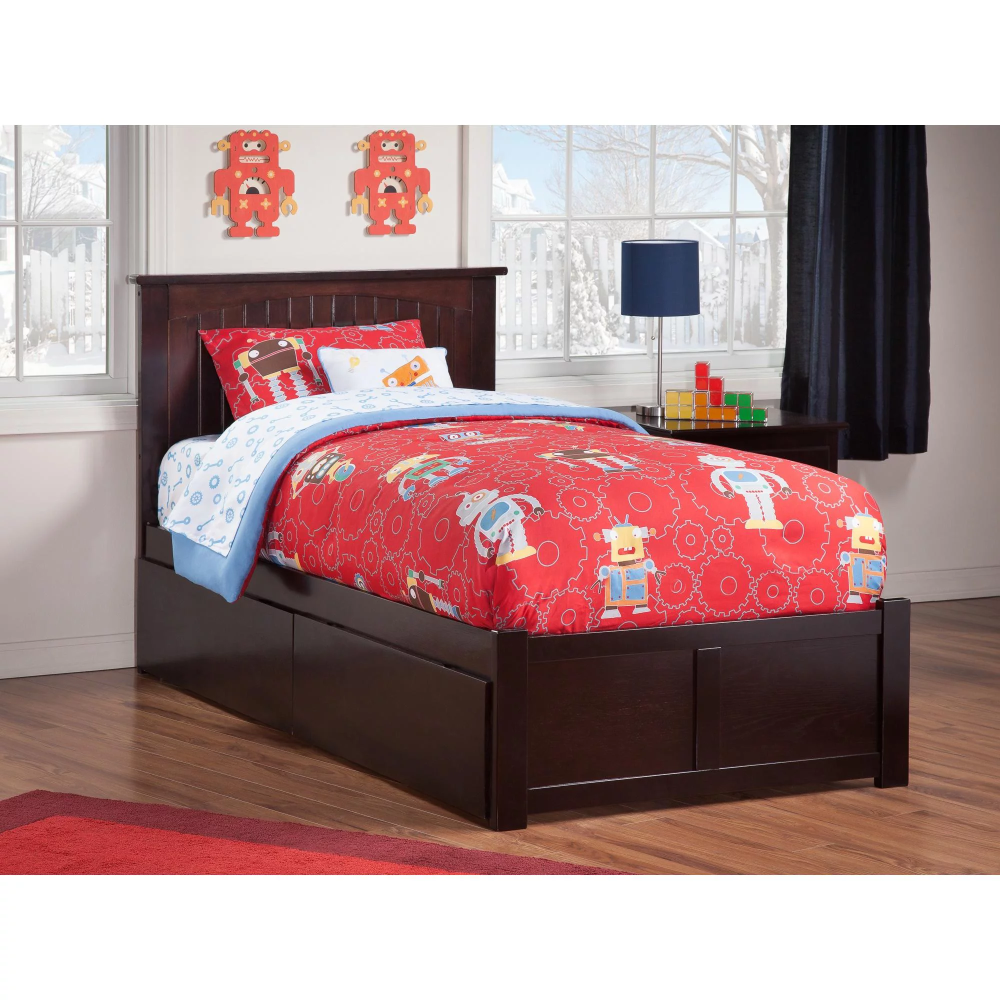 Nantucket Platform Bed with Flat Panel Foot Board and 2 Urban Bed Drawers, Multiple Sizes, Multiple Colors