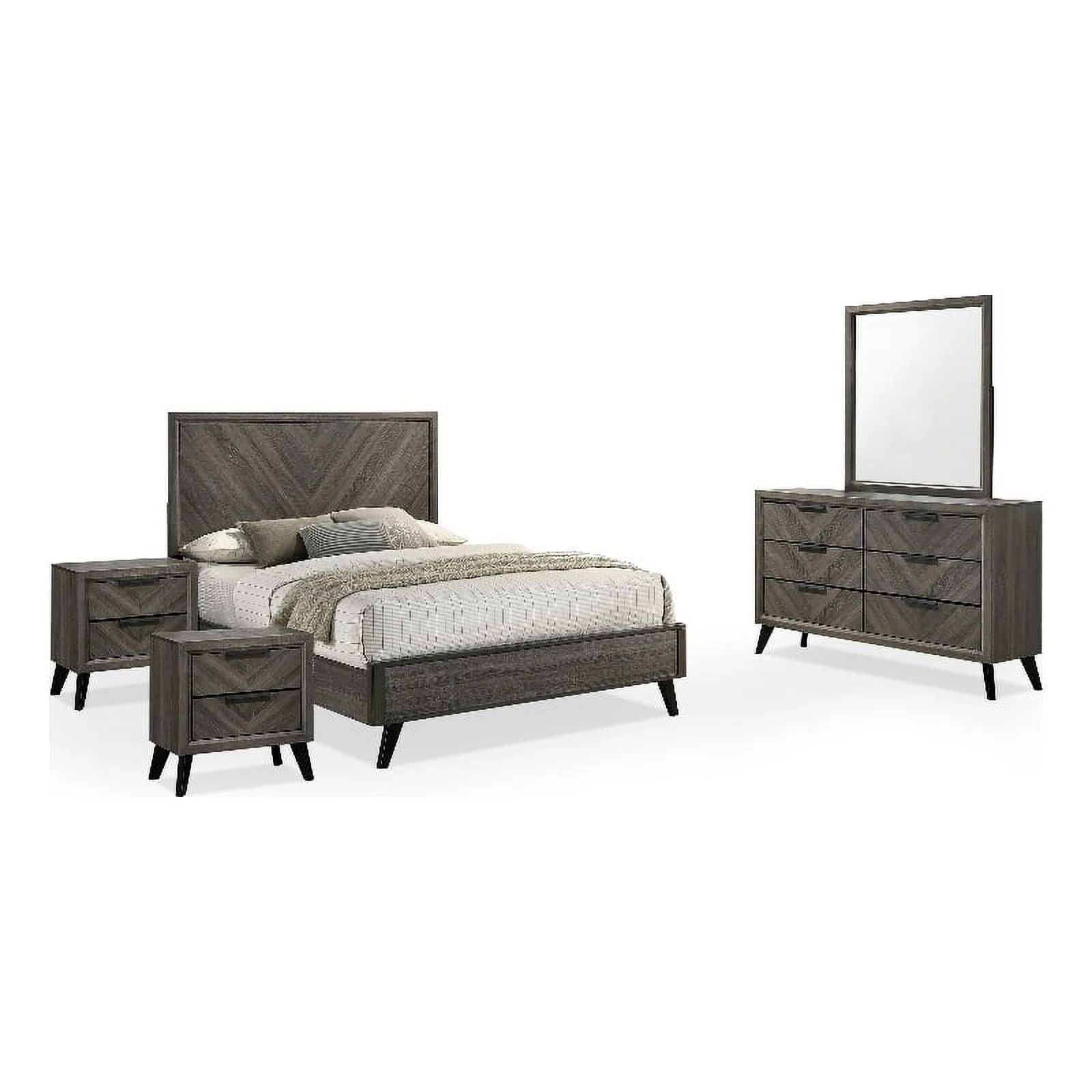 FOA Hean 5pc Gray Wood Bedroom Set - Cal King + 2 Nightstands + Dresser + Mirror