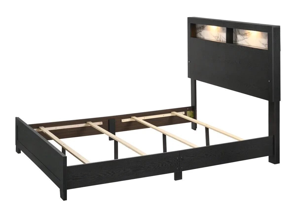 Modern 1pc Queen Size LED Headboard Storage Bed Wooden Bedroom Furniture Black