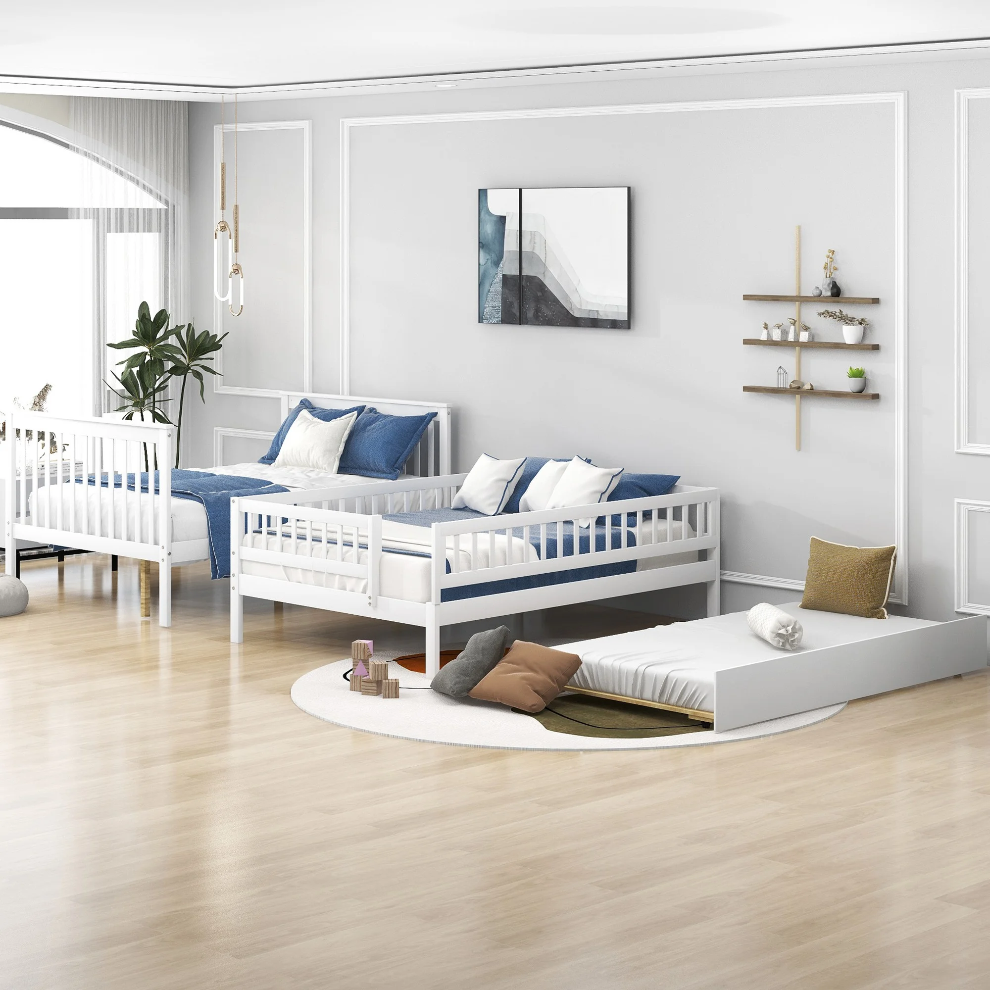 HomeRoots 403665 White Over Full Farmhouse Style Bunk Bed with Trundle & Staircase - Full Size