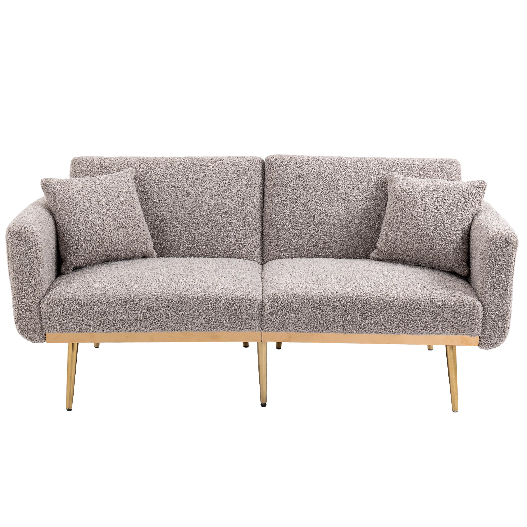 Gray Futon Sofa Bed Sleeper, Teddy Upholstered Couches and Sofas, Modern Convertible Futon Sofa Bed with Metal Legs, KAMIDA Recliner Sofa Furniture for Living Room Bedroom Dorm Apartment
