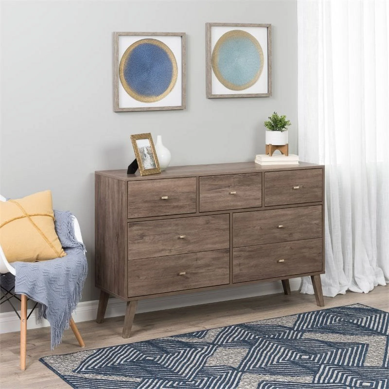 Allora Mid Century Modern 7 Drawer Dresser in Drifted Gray