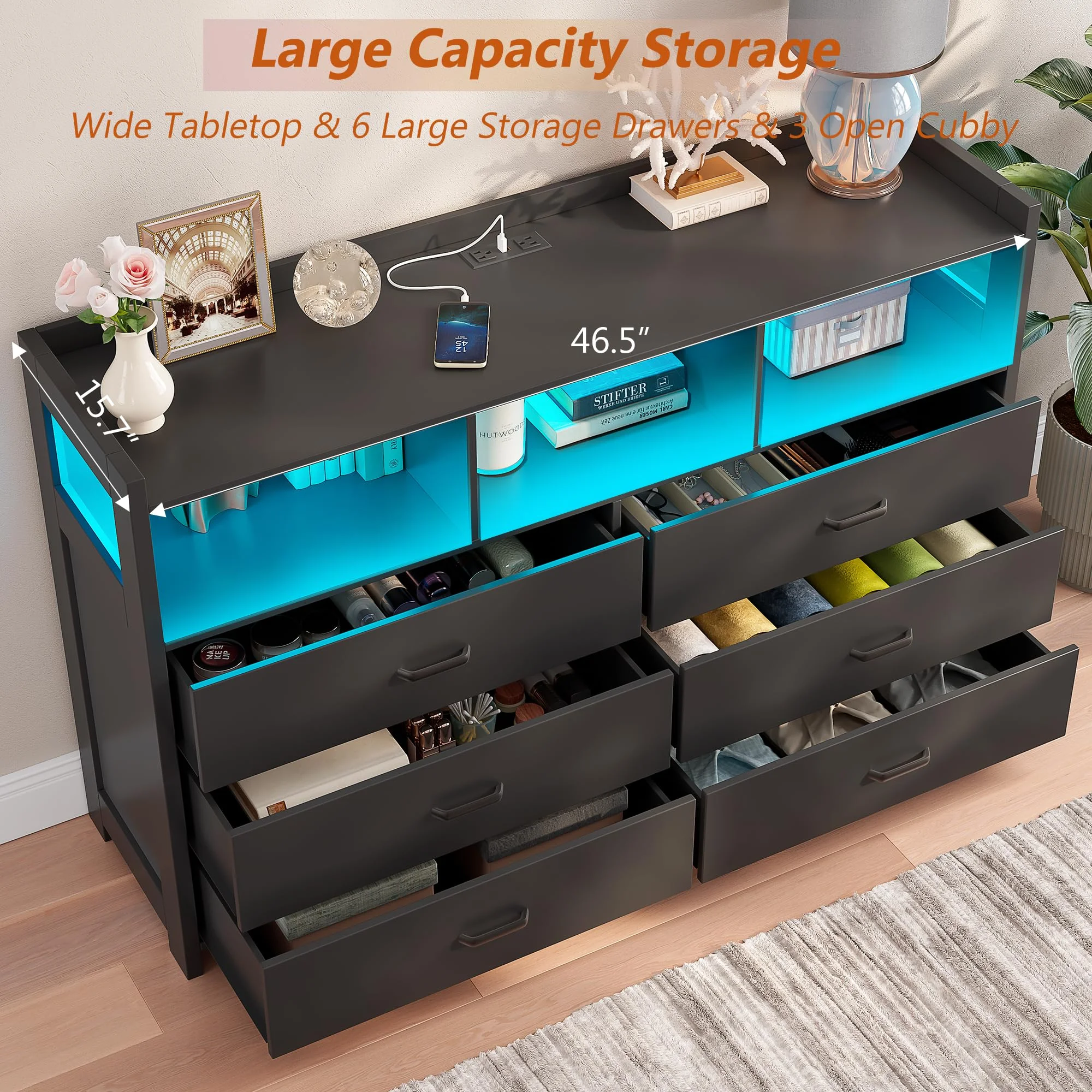 Alohappy 6 Drawer Dresser with Charging Station and LED Lights, Dresser Chest of Drawers with 3 Open Storage Space, Modern Double Wide Drawer Dresser for Bedroom, Living Room, Entryway (Black)