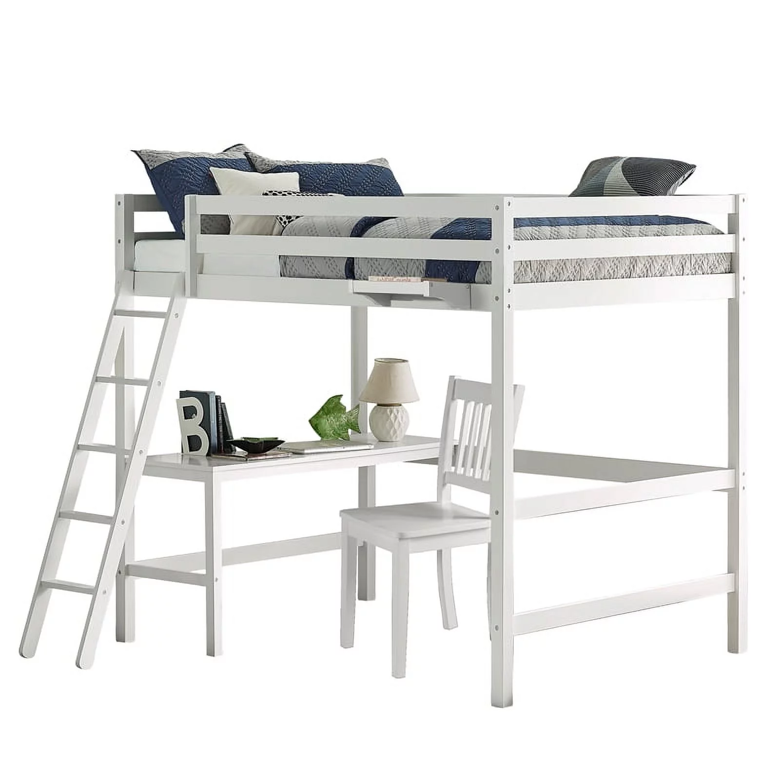 Rosebery Kids Caspian Wood Full Loft with Chair & Hanging Nightstand in White